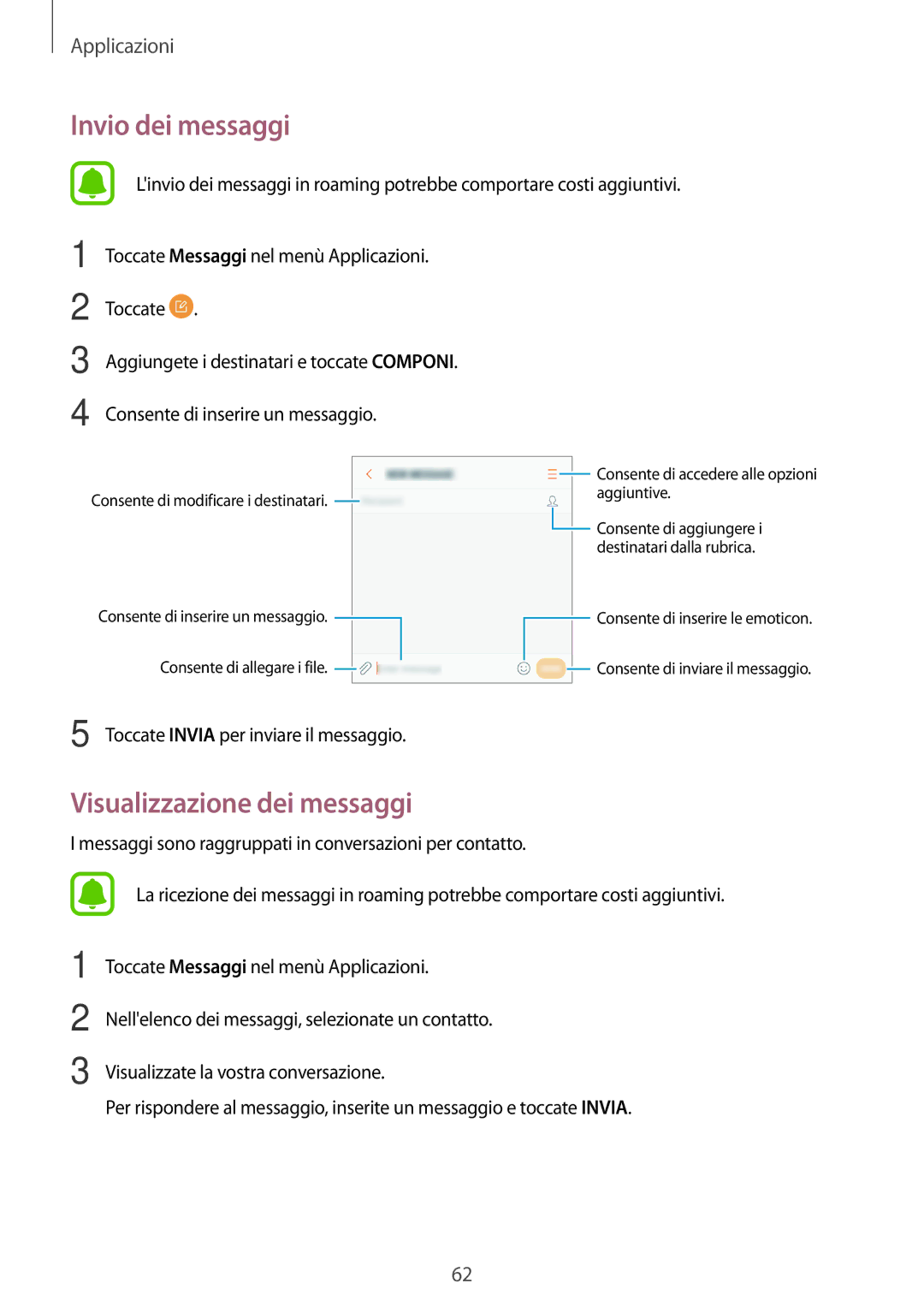 Samsung SM-G390FZKAITV manual Invio dei messaggi, Visualizzazione dei messaggi 