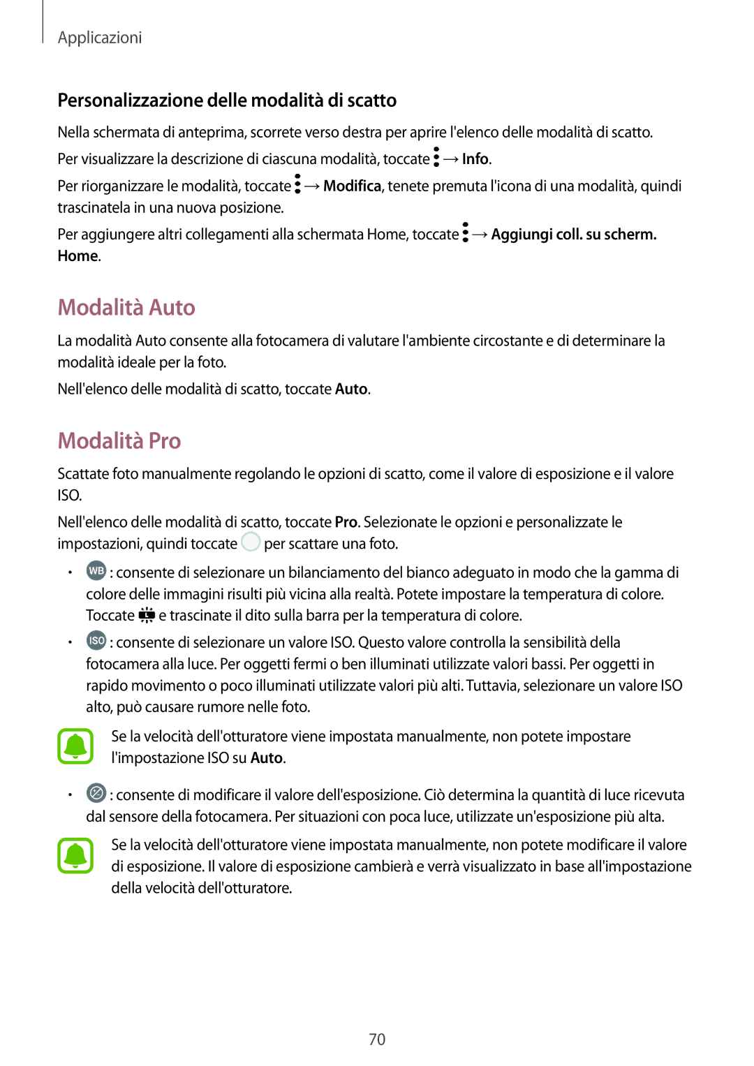 Samsung SM-G390FZKAITV manual Modalità Auto, Modalità Pro, Personalizzazione delle modalità di scatto 