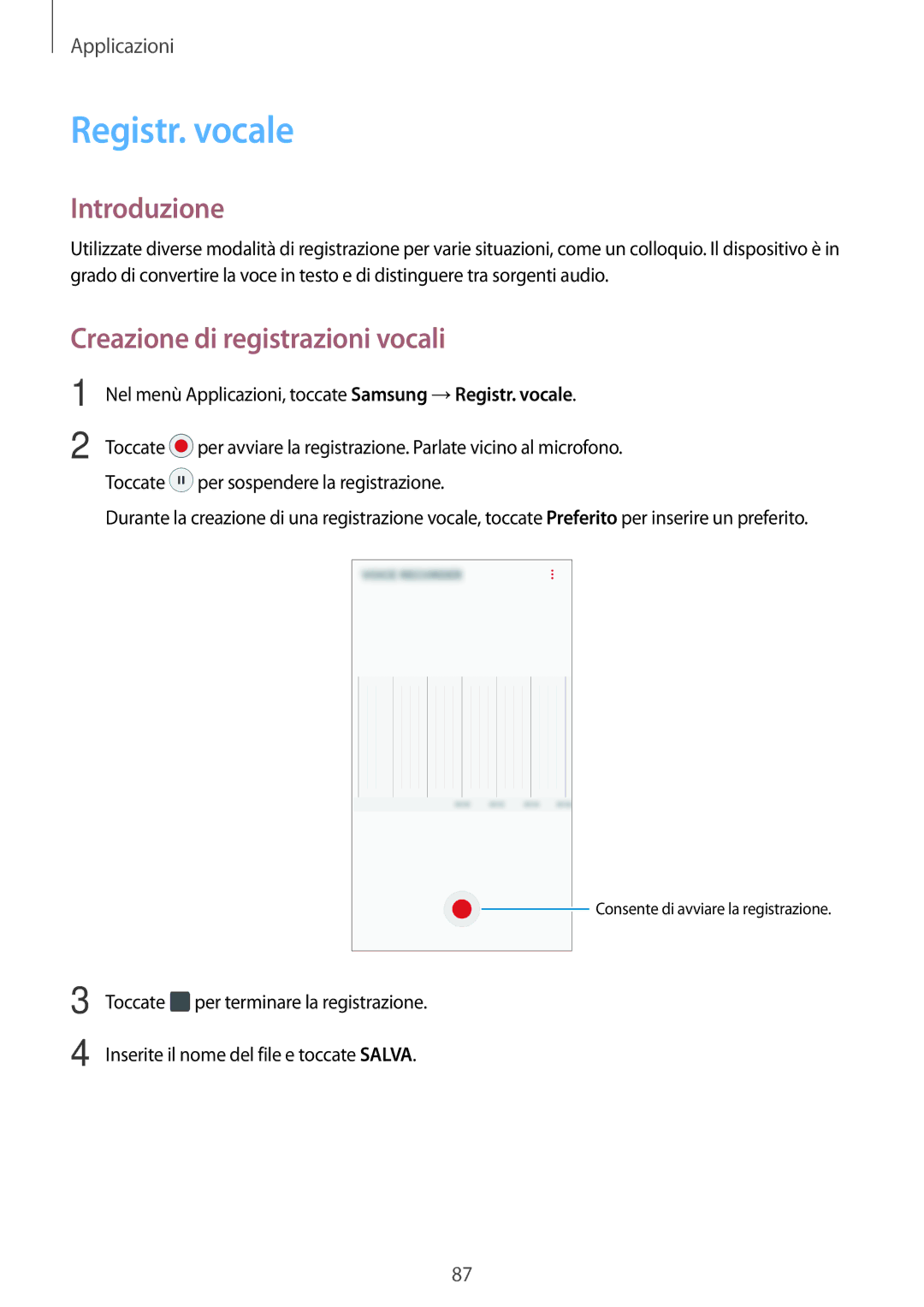 Samsung SM-G390FZKAITV manual Registr. vocale, Creazione di registrazioni vocali 