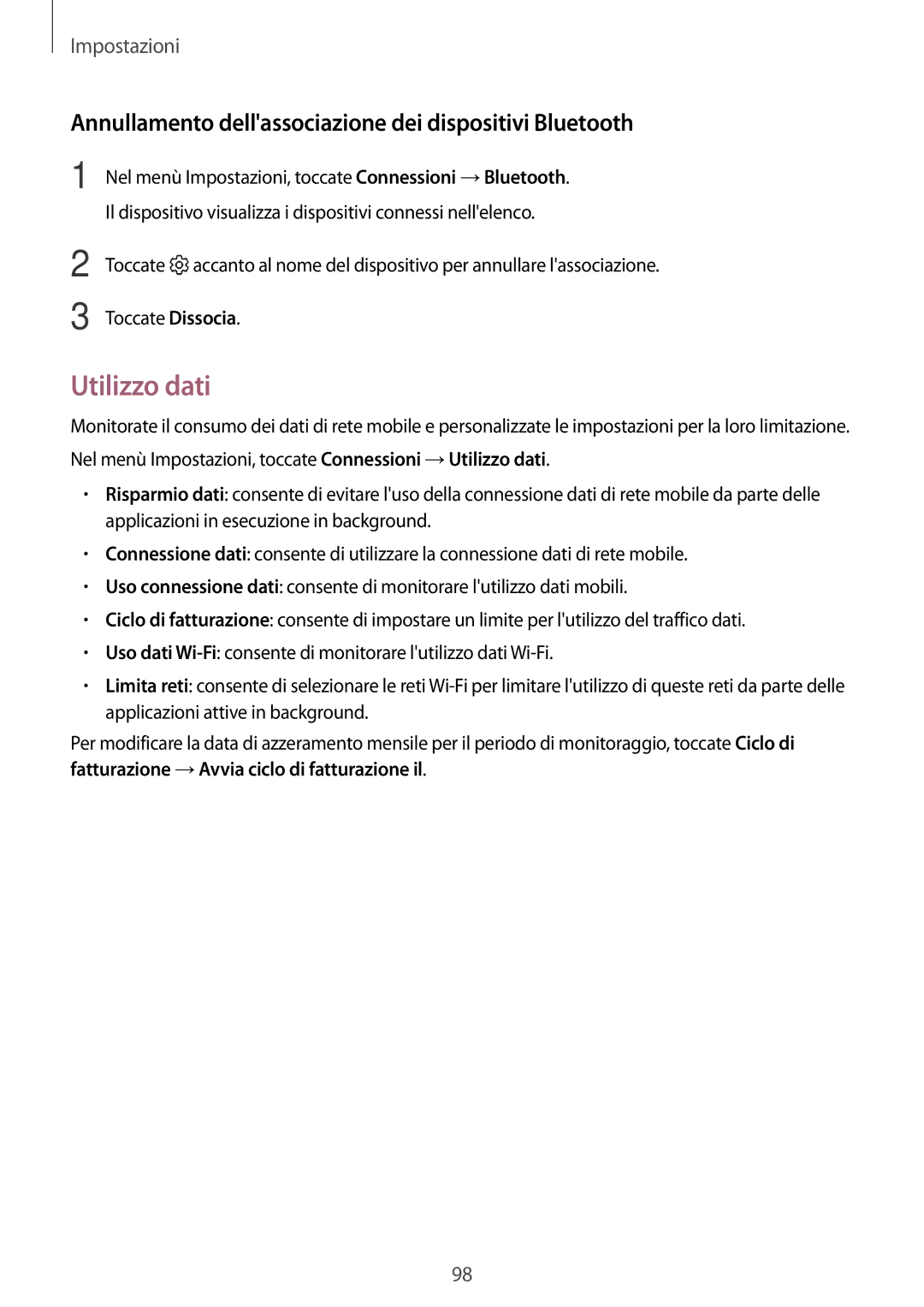 Samsung SM-G390FZKAITV manual Utilizzo dati, Annullamento dellassociazione dei dispositivi Bluetooth 