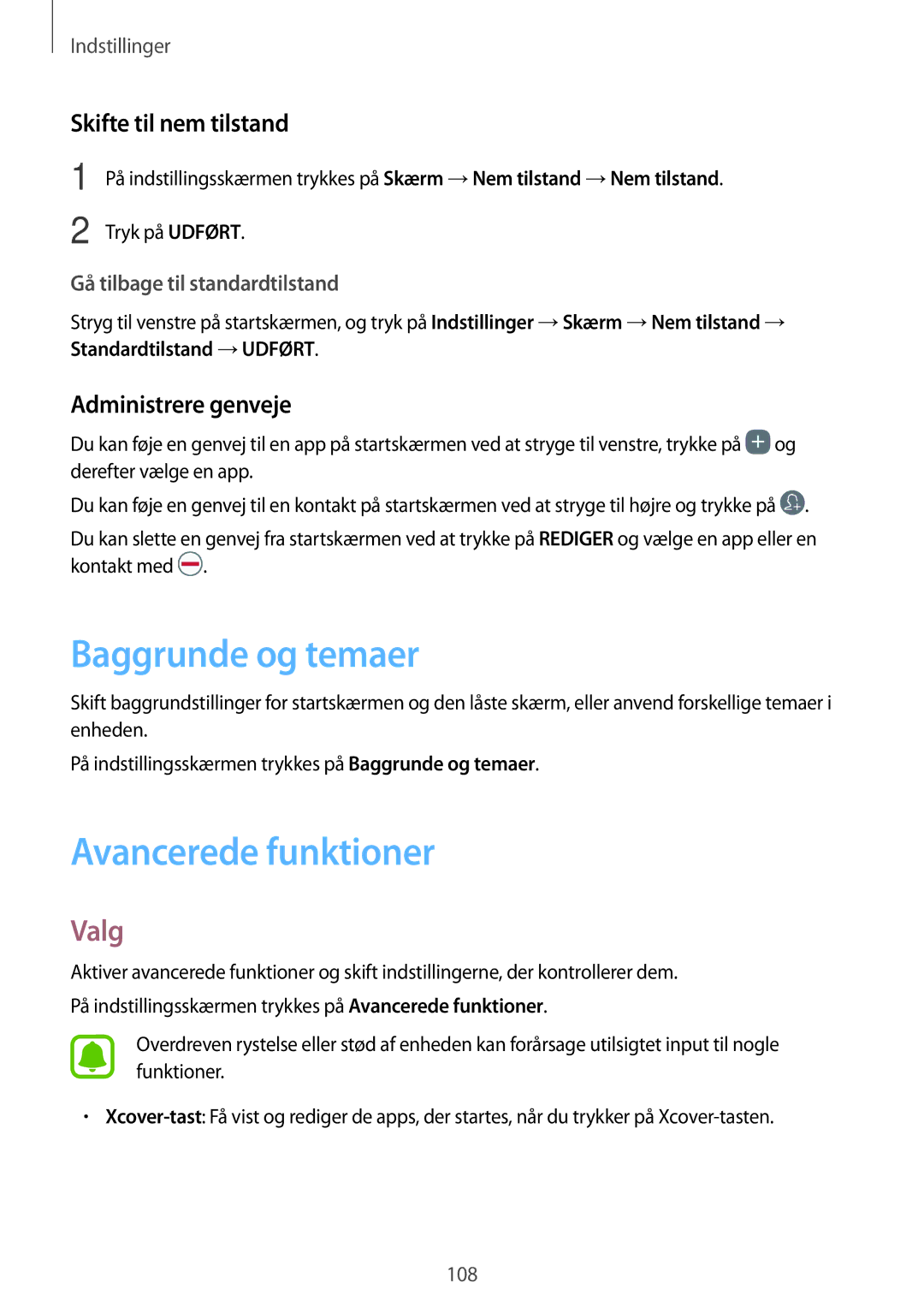 Samsung SM-G390FZKANEE manual Baggrunde og temaer, Avancerede funktioner, Skifte til nem tilstand, Administrere genveje 