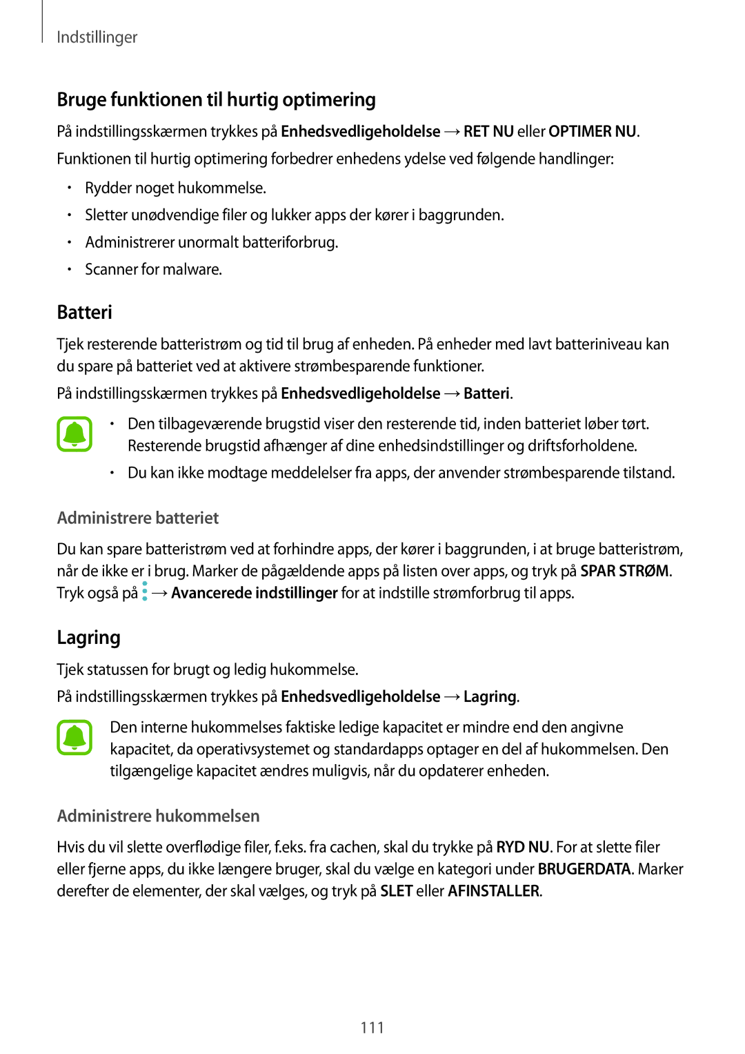 Samsung SM-G390FZKANEE manual Bruge funktionen til hurtig optimering, Batteri, Lagring 