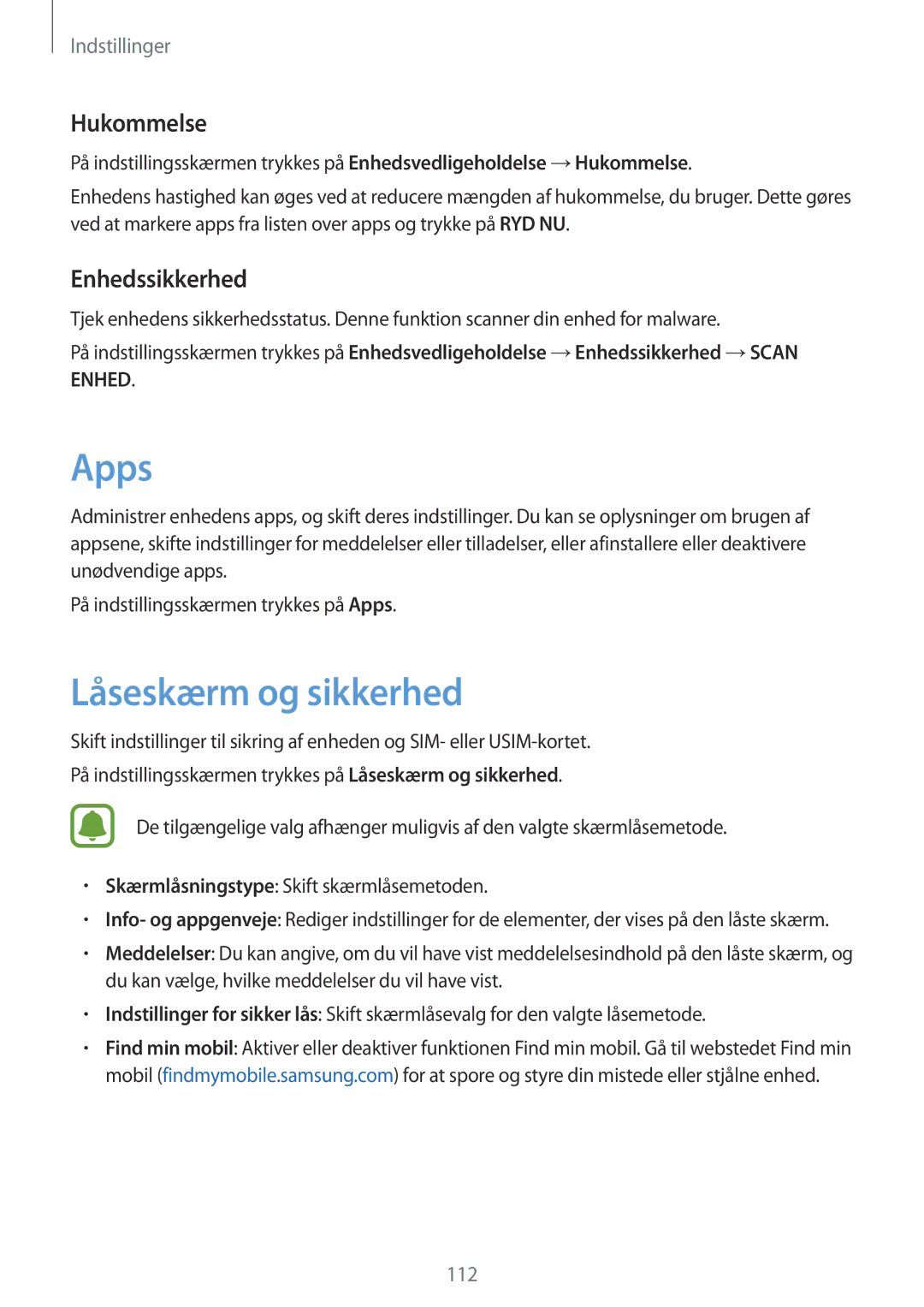 Samsung SM-G390FZKANEE manual Apps, Låseskærm og sikkerhed, Hukommelse, Enhedssikkerhed 