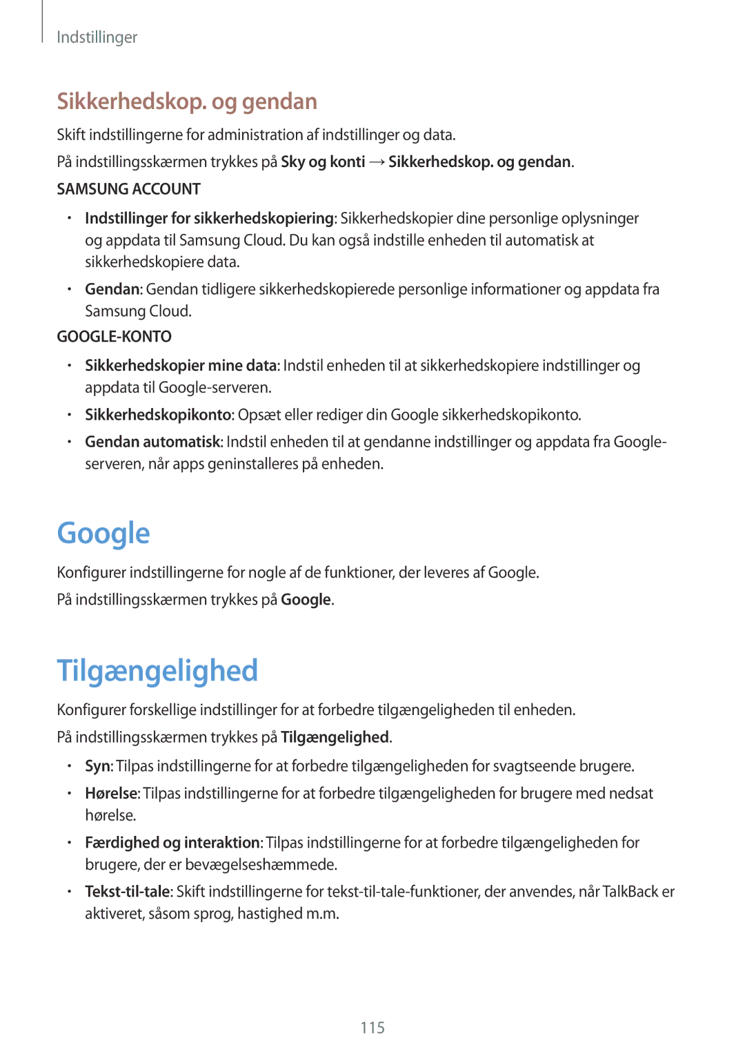 Samsung SM-G390FZKANEE manual Google, Tilgængelighed, Sikkerhedskop. og gendan 