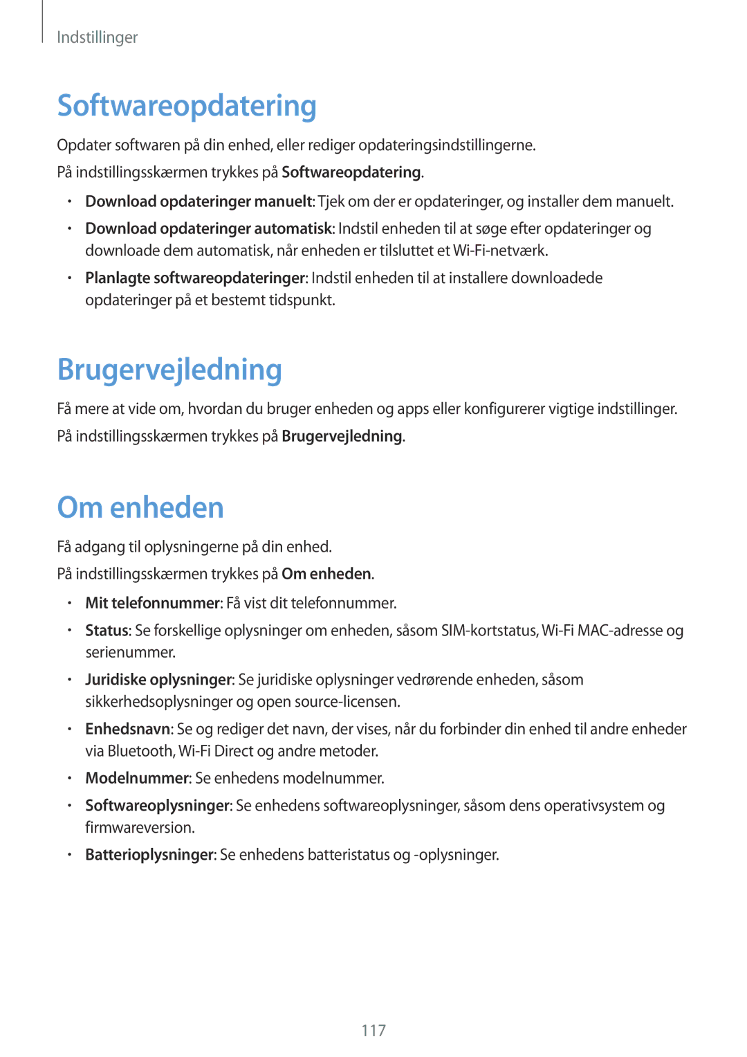 Samsung SM-G390FZKANEE manual Softwareopdatering, Brugervejledning, Om enheden 