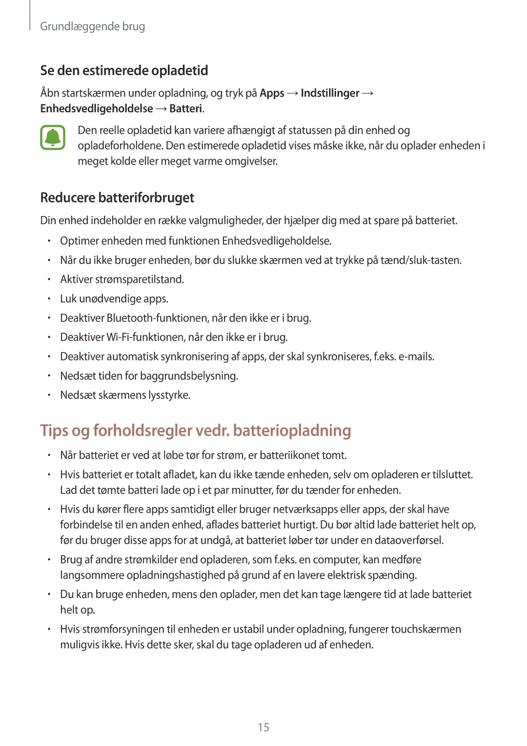 Samsung SM-G390FZKANEE manual Tips og forholdsregler vedr. batteriopladning, Se den estimerede opladetid 