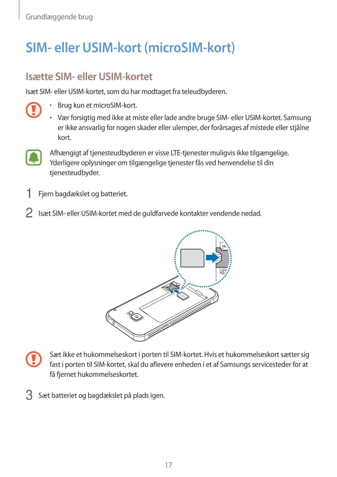 Samsung SM-G390FZKANEE manual SIM- eller USIM-kort microSIM-kort, Isætte SIM- eller USIM-kortet 