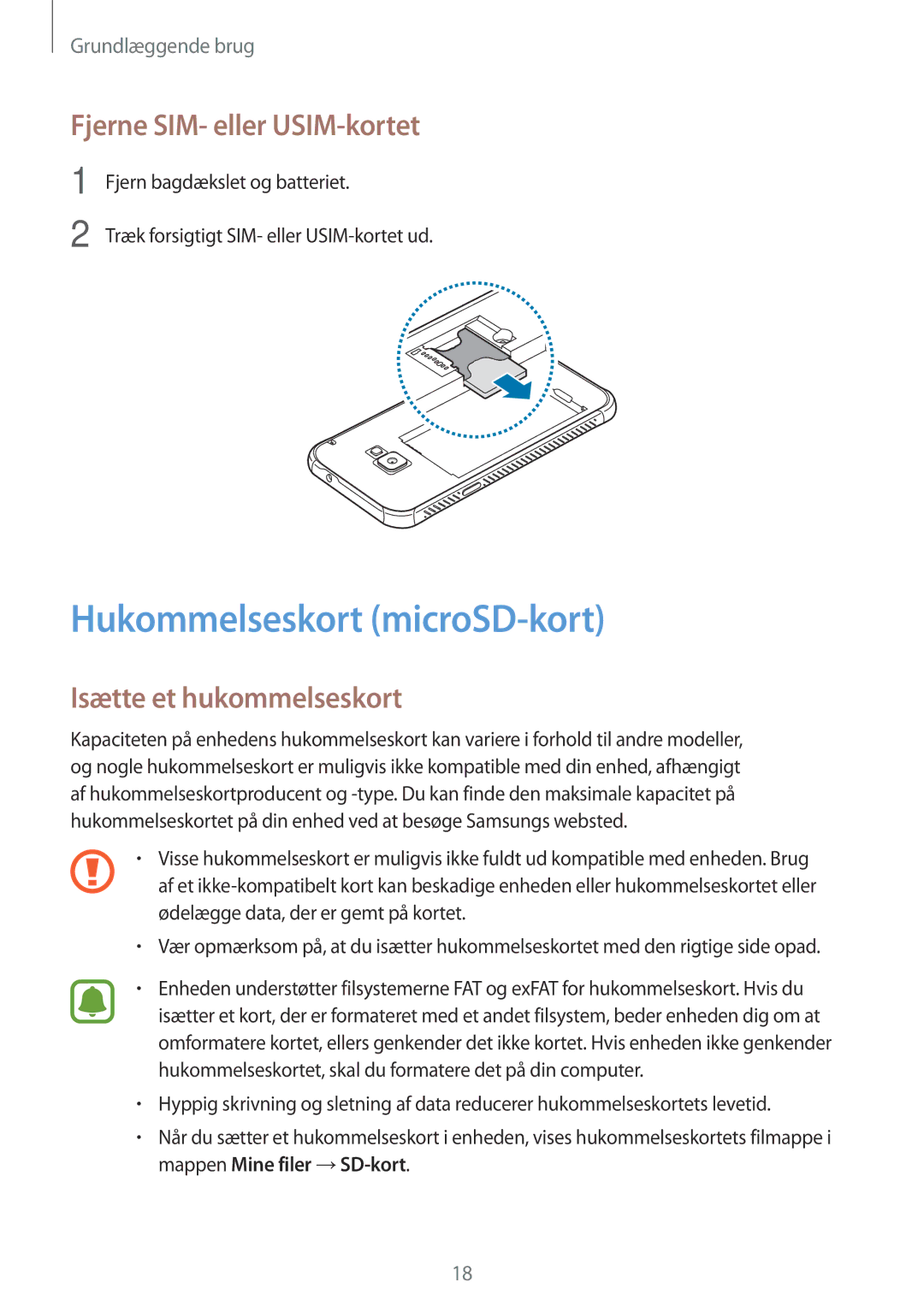 Samsung SM-G390FZKANEE manual Hukommelseskort microSD-kort, Fjerne SIM- eller USIM-kortet, Isætte et hukommelseskort 