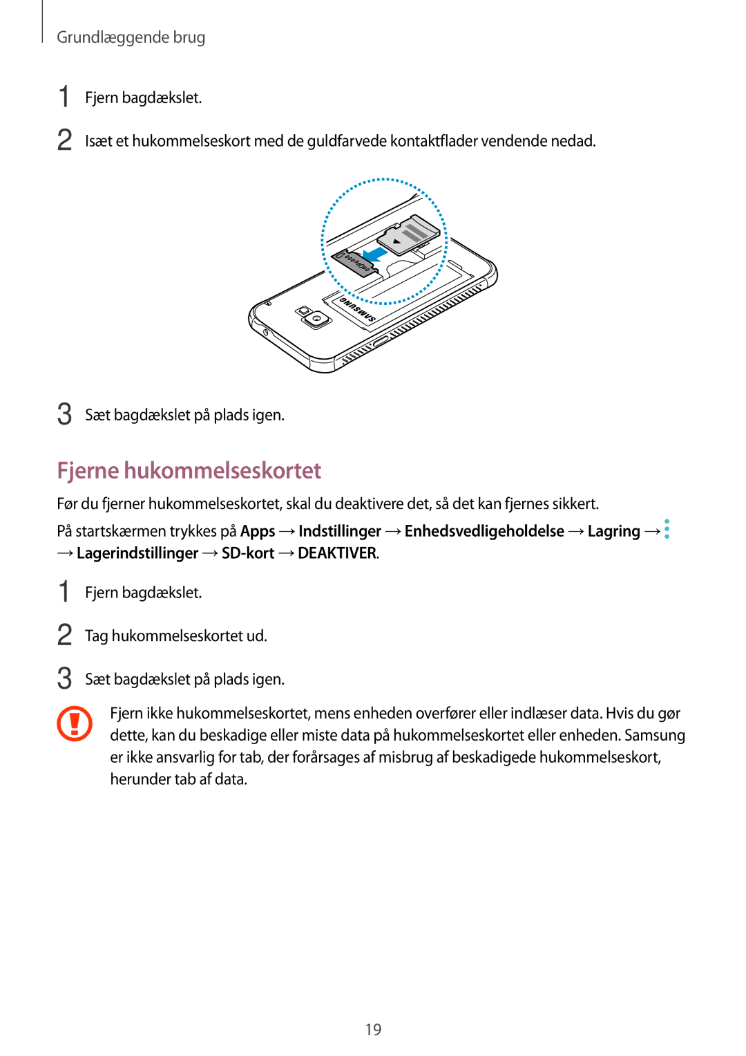 Samsung SM-G390FZKANEE manual Fjerne hukommelseskortet, → Lagerindstillinger →SD-kort →DEAKTIVER 