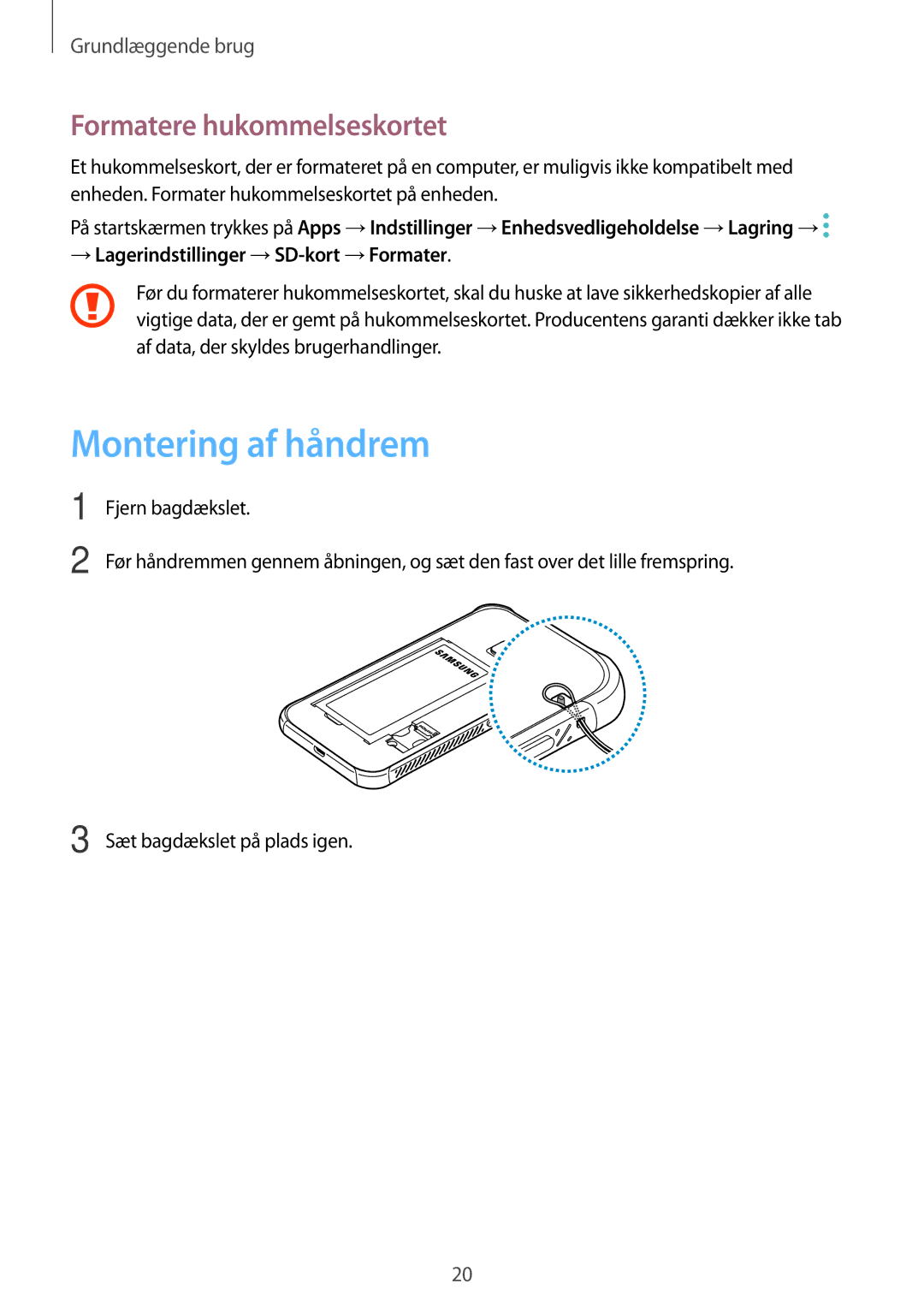 Samsung SM-G390FZKANEE manual Montering af håndrem, Formatere hukommelseskortet 