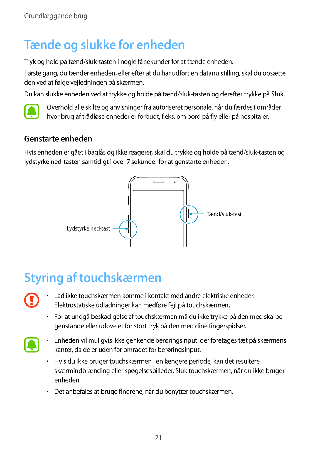 Samsung SM-G390FZKANEE manual Tænde og slukke for enheden, Styring af touchskærmen, Genstarte enheden 