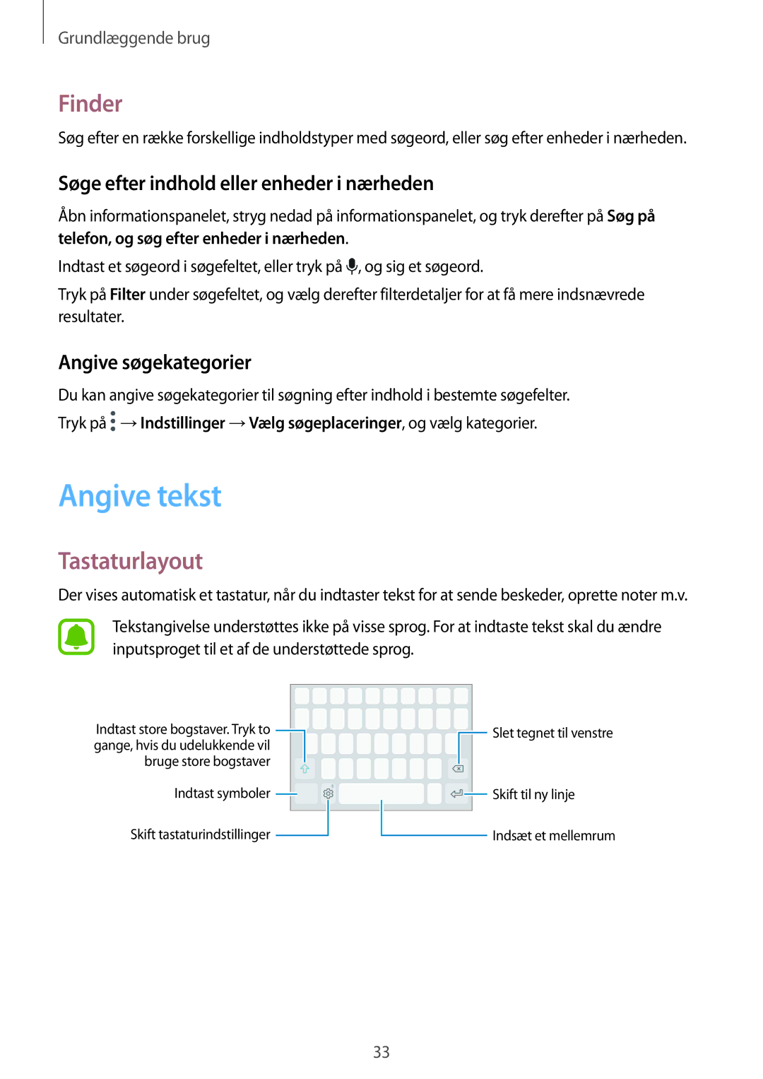 Samsung SM-G390FZKANEE manual Angive tekst, Finder, Tastaturlayout, Søge efter indhold eller enheder i nærheden 