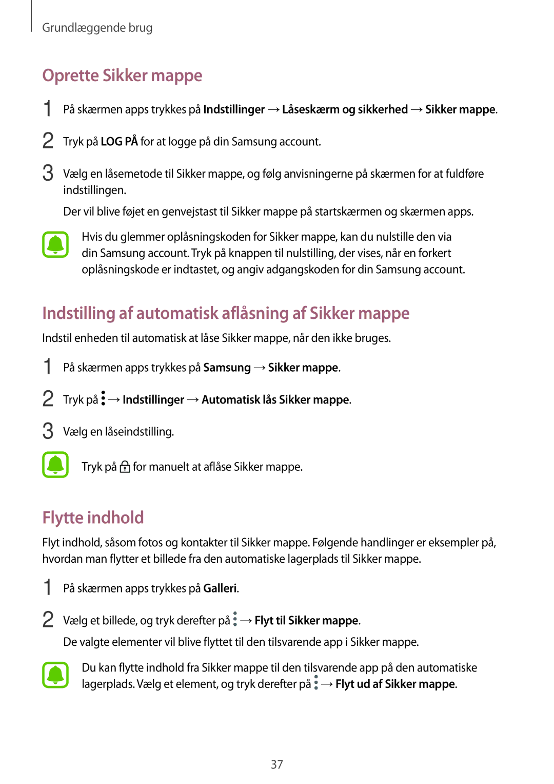 Samsung SM-G390FZKANEE manual Oprette Sikker mappe, Indstilling af automatisk aflåsning af Sikker mappe, Flytte indhold 