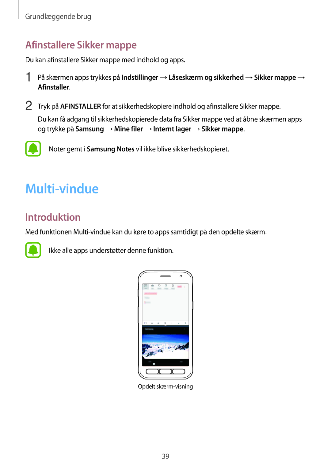 Samsung SM-G390FZKANEE manual Multi-vindue, Afinstallere Sikker mappe 