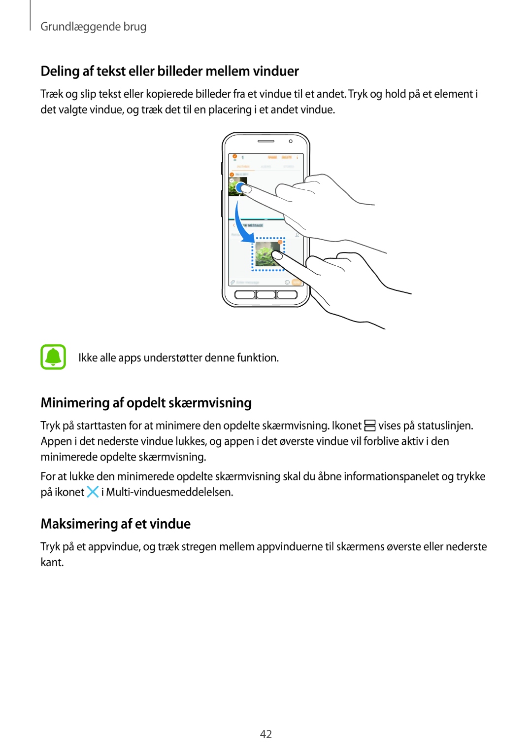 Samsung SM-G390FZKANEE manual Deling af tekst eller billeder mellem vinduer, Minimering af opdelt skærmvisning 