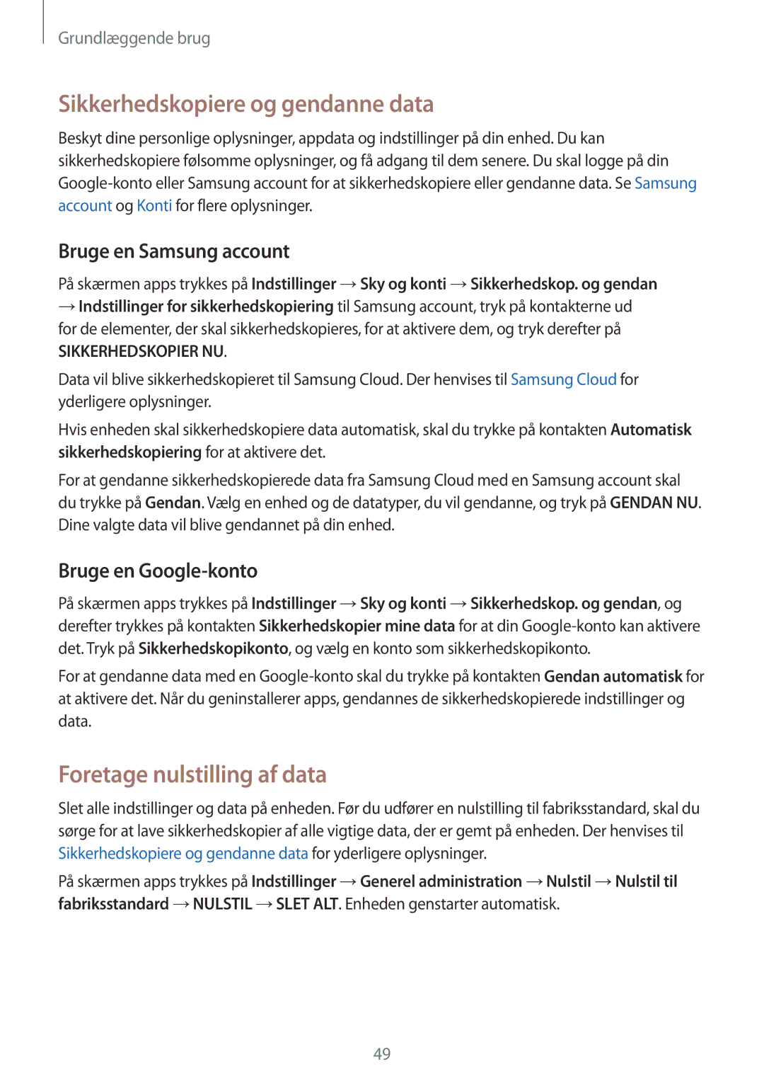 Samsung SM-G390FZKANEE manual Sikkerhedskopiere og gendanne data, Foretage nulstilling af data, Bruge en Samsung account 