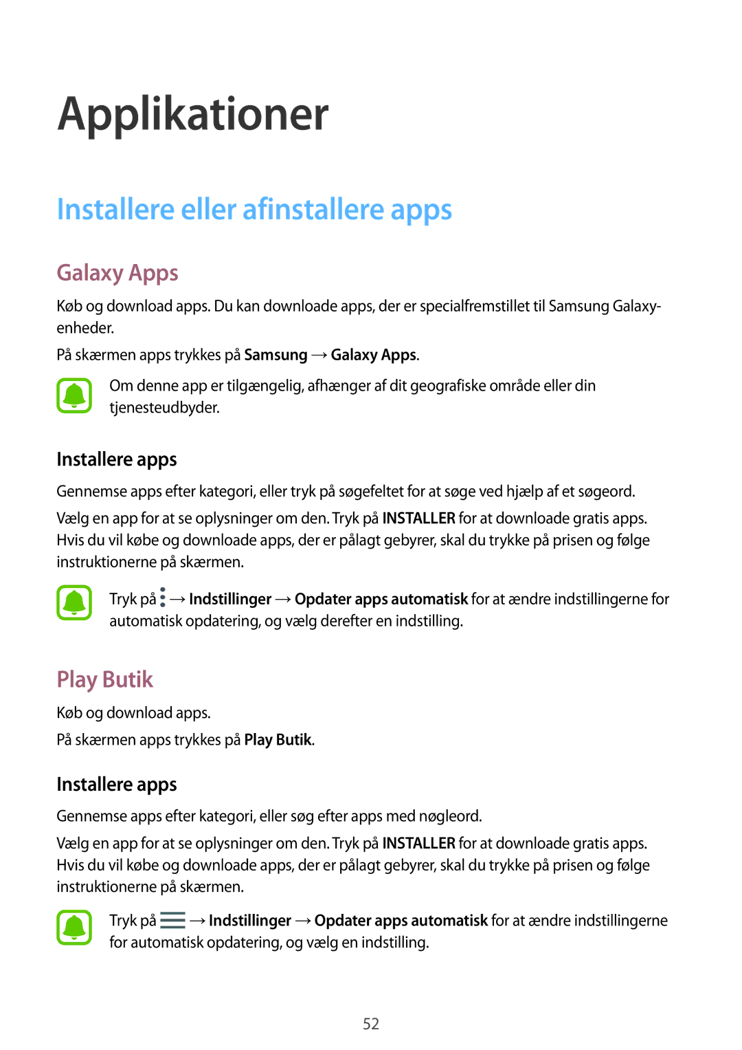 Samsung SM-G390FZKANEE manual Installere eller afinstallere apps, Galaxy Apps, Play Butik, Installere apps 