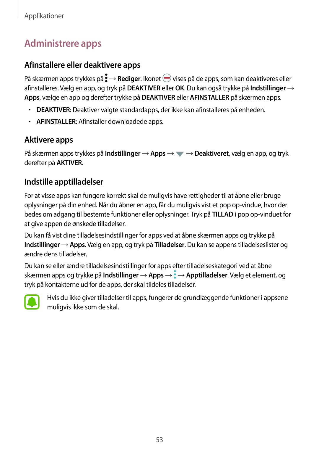 Samsung SM-G390FZKANEE Administrere apps, Afinstallere eller deaktivere apps, Aktivere apps, Indstille apptilladelser 