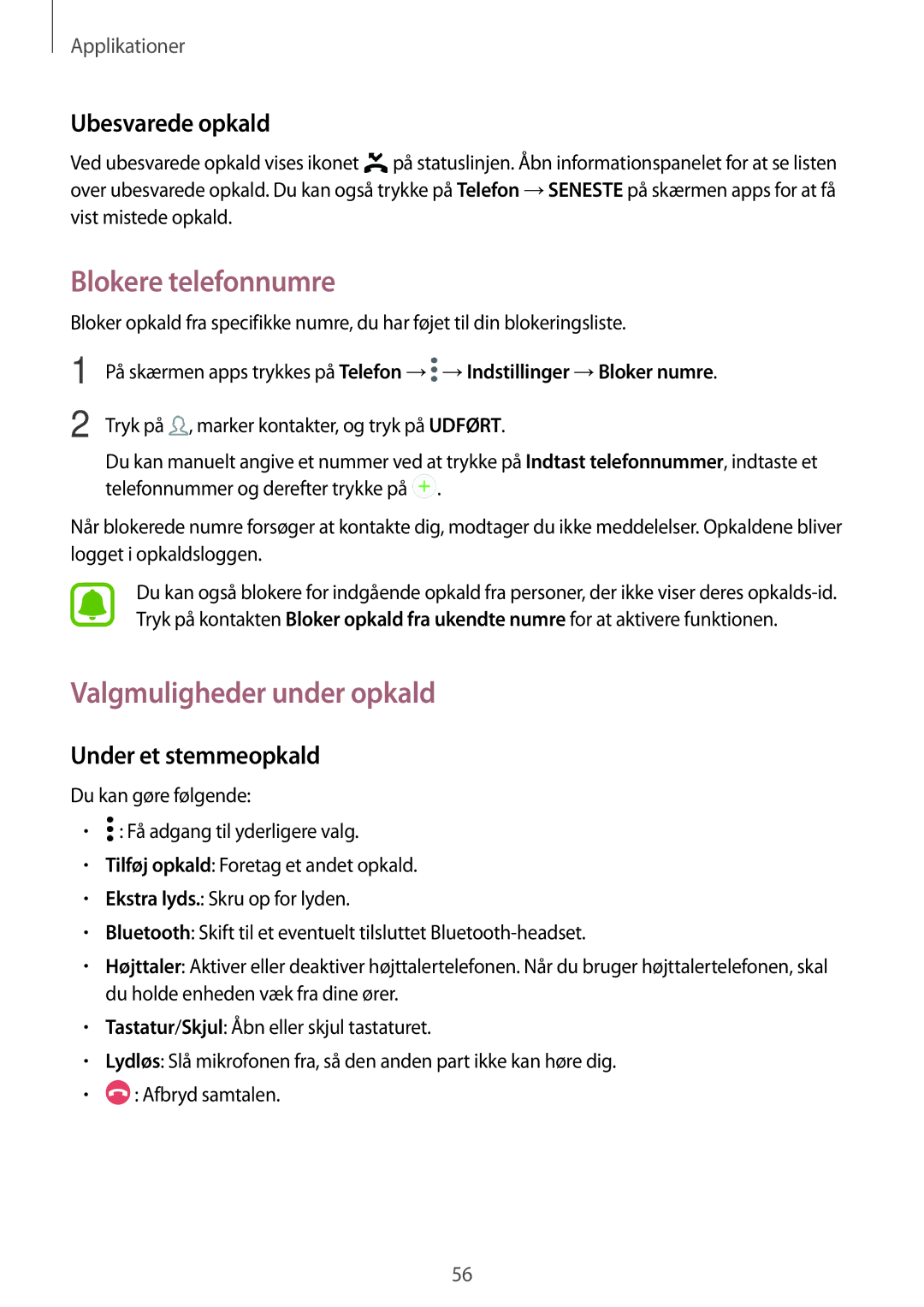 Samsung SM-G390FZKANEE manual Blokere telefonnumre, Valgmuligheder under opkald, Ubesvarede opkald, Under et stemmeopkald 