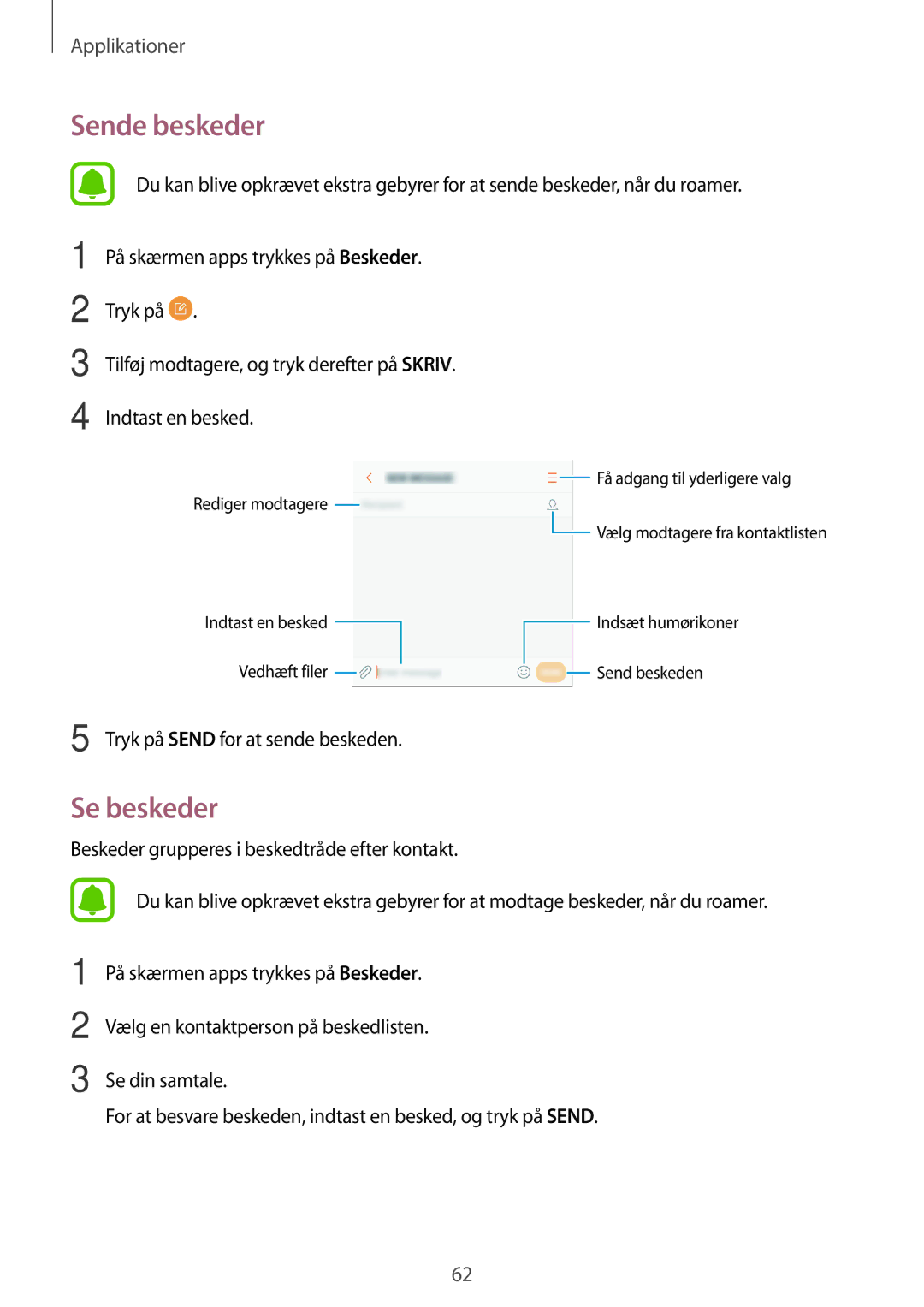 Samsung SM-G390FZKANEE manual Sende beskeder, Se beskeder 