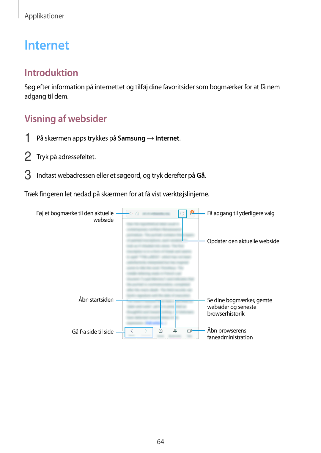 Samsung SM-G390FZKANEE manual Internet, Visning af websider 