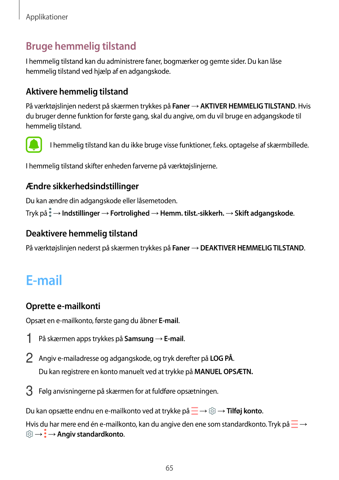 Samsung SM-G390FZKANEE manual Mail, Bruge hemmelig tilstand 