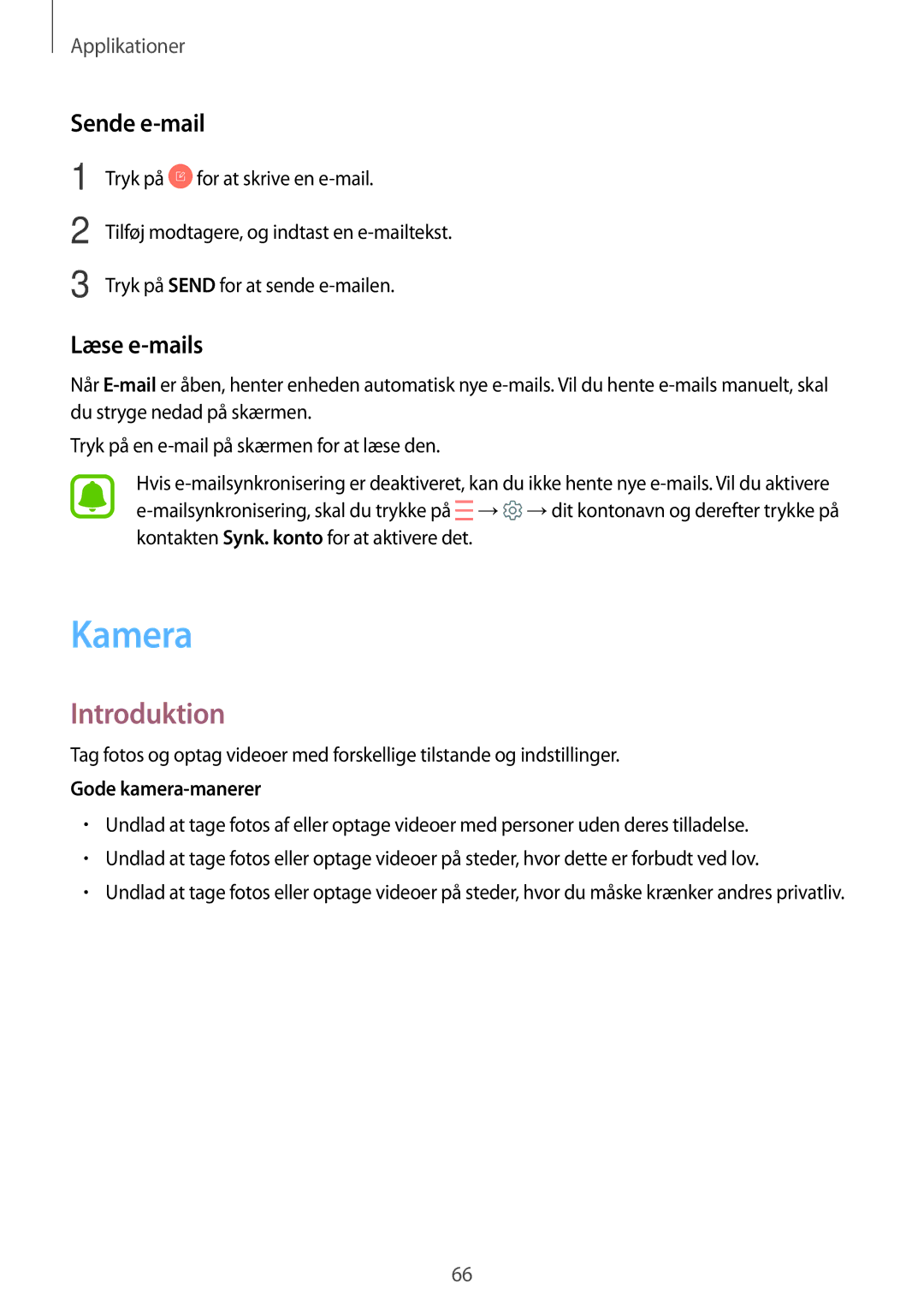 Samsung SM-G390FZKANEE manual Kamera, Sende e-mail, Læse e-mails 