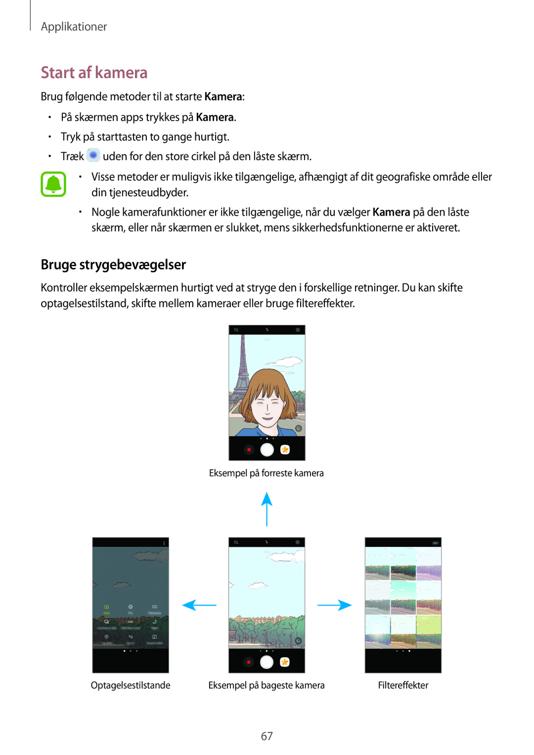 Samsung SM-G390FZKANEE manual Start af kamera, Bruge strygebevægelser 