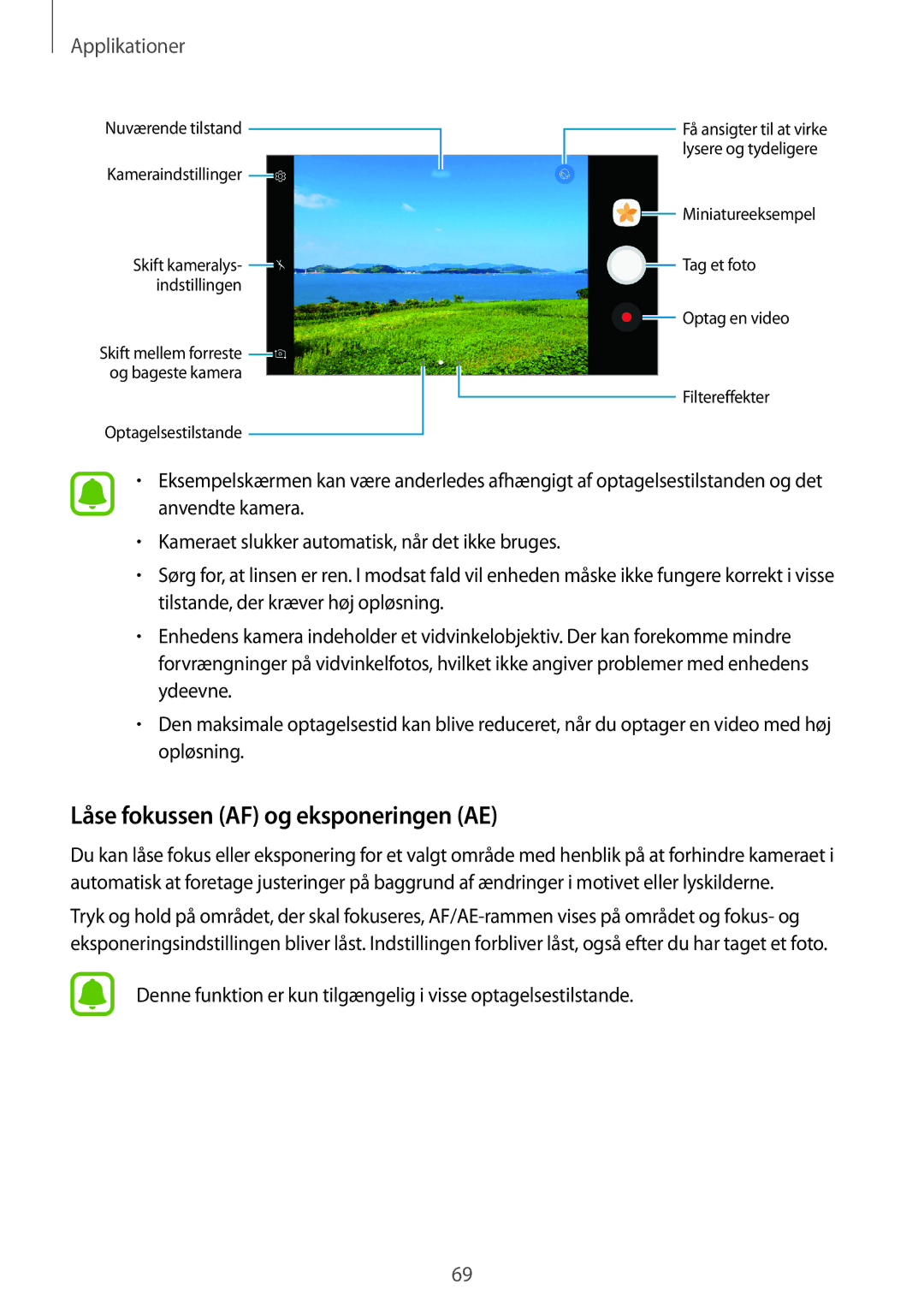 Samsung SM-G390FZKANEE manual Låse fokussen AF og eksponeringen AE 