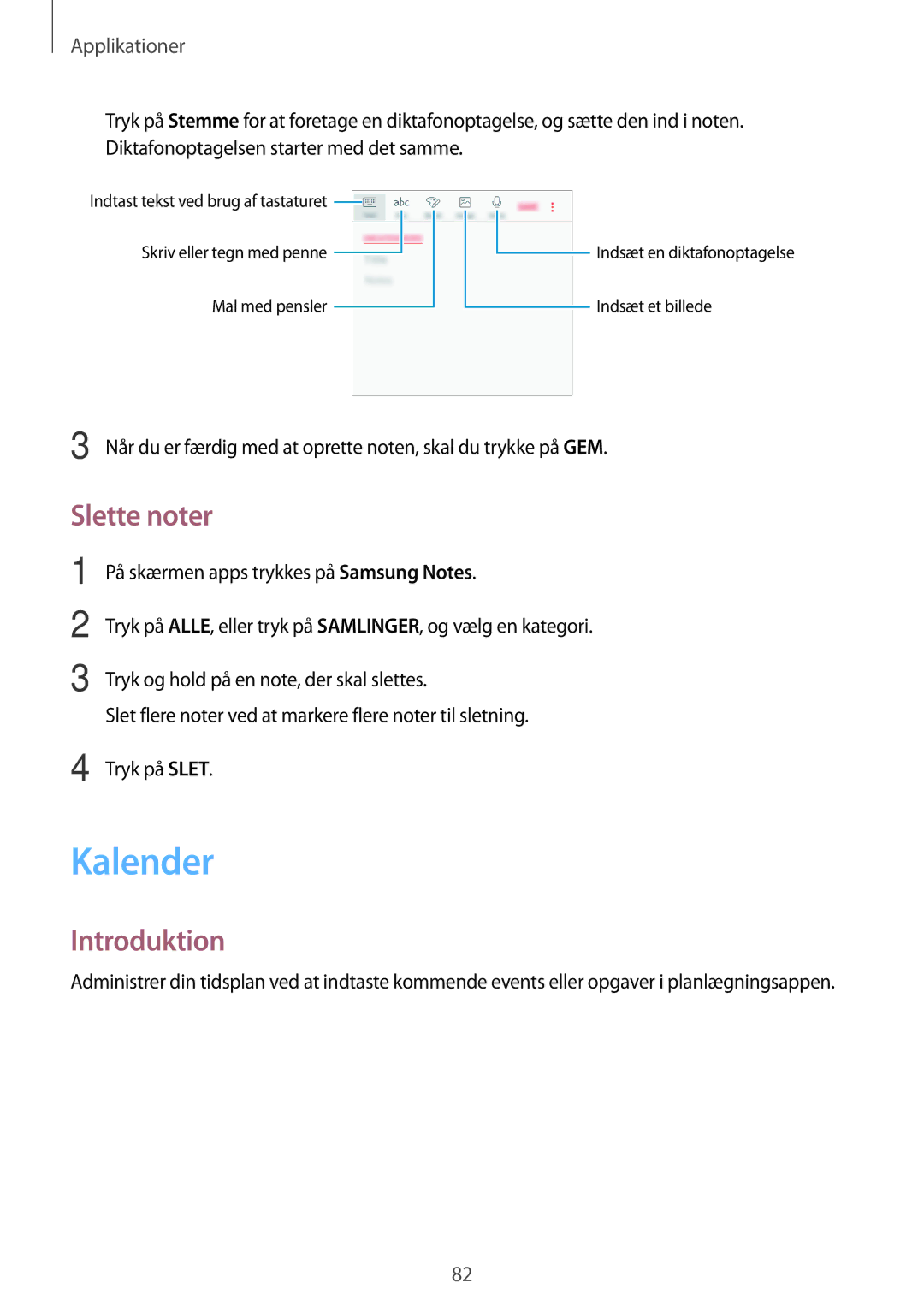 Samsung SM-G390FZKANEE manual Kalender, Slette noter 