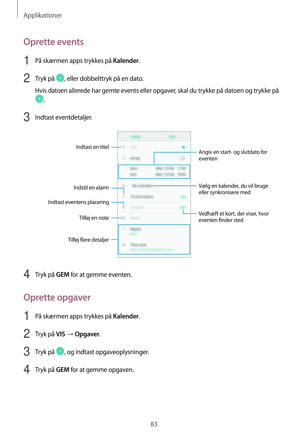 Samsung SM-G390FZKANEE manual Oprette events, Oprette opgaver 