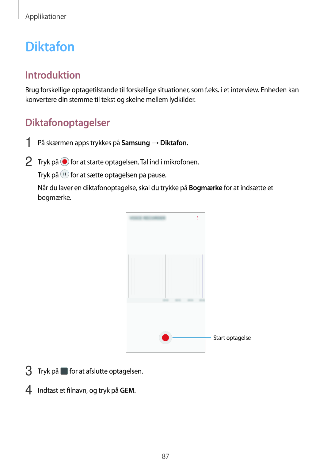 Samsung SM-G390FZKANEE manual Diktafonoptagelser 