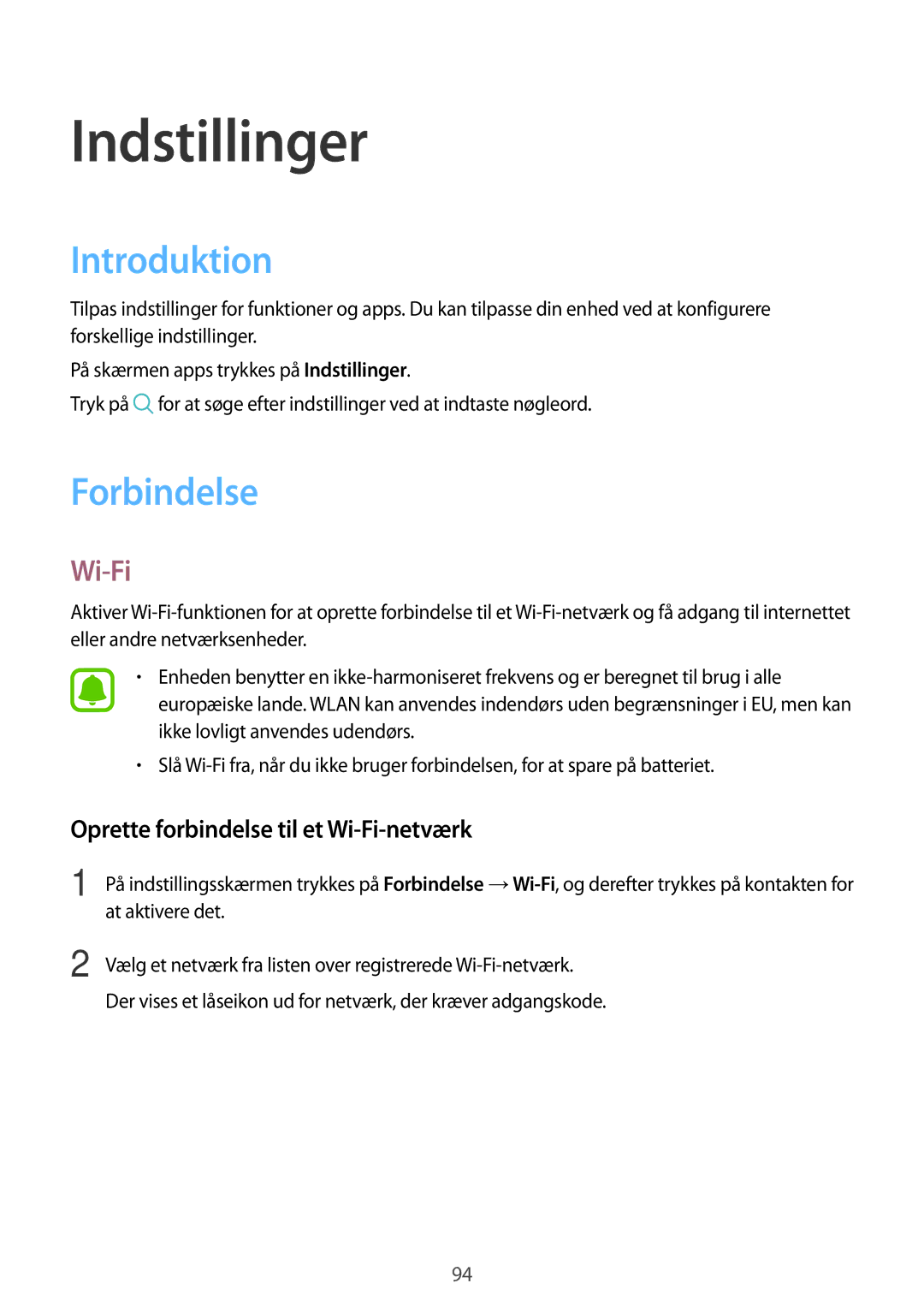 Samsung SM-G390FZKANEE manual Introduktion, Forbindelse, Oprette forbindelse til et Wi-Fi-netværk 