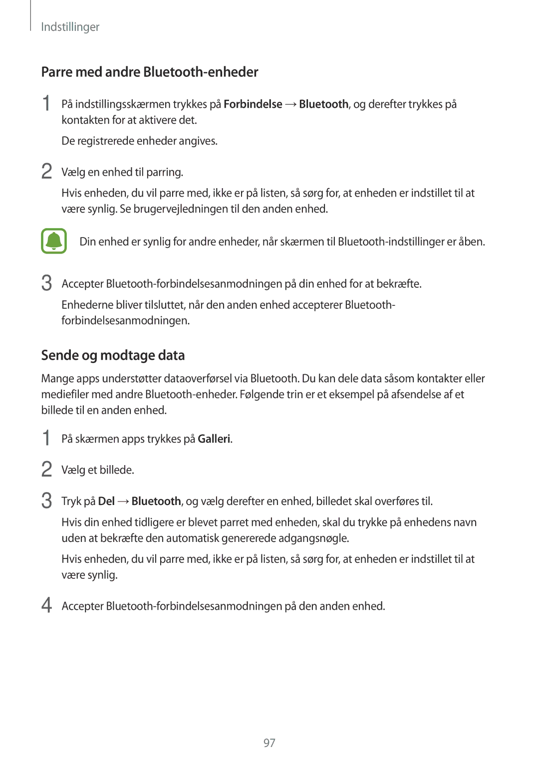 Samsung SM-G390FZKANEE manual Parre med andre Bluetooth-enheder, Sende og modtage data 