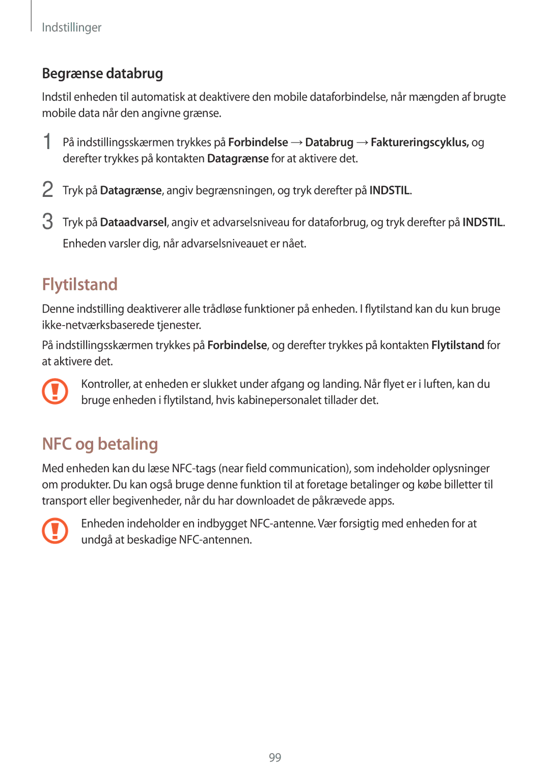 Samsung SM-G390FZKANEE manual Flytilstand, NFC og betaling, Begrænse databrug 