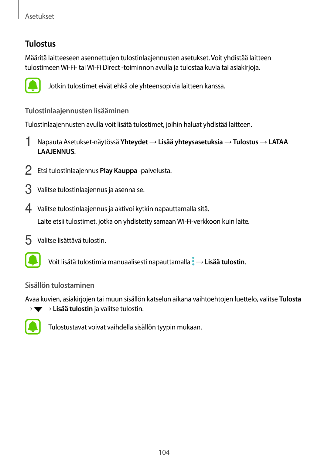 Samsung SM-G390FZKANEE manual Tulostus, Tulostinlaajennusten lisääminen 