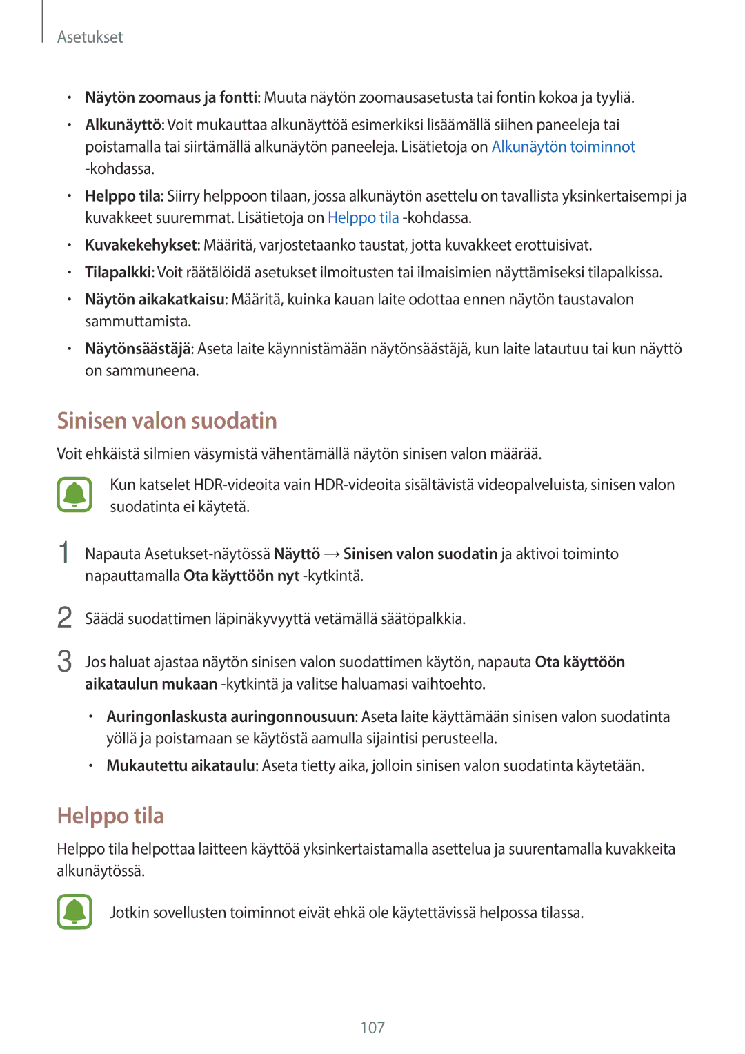 Samsung SM-G390FZKANEE manual Sinisen valon suodatin, Helppo tila 