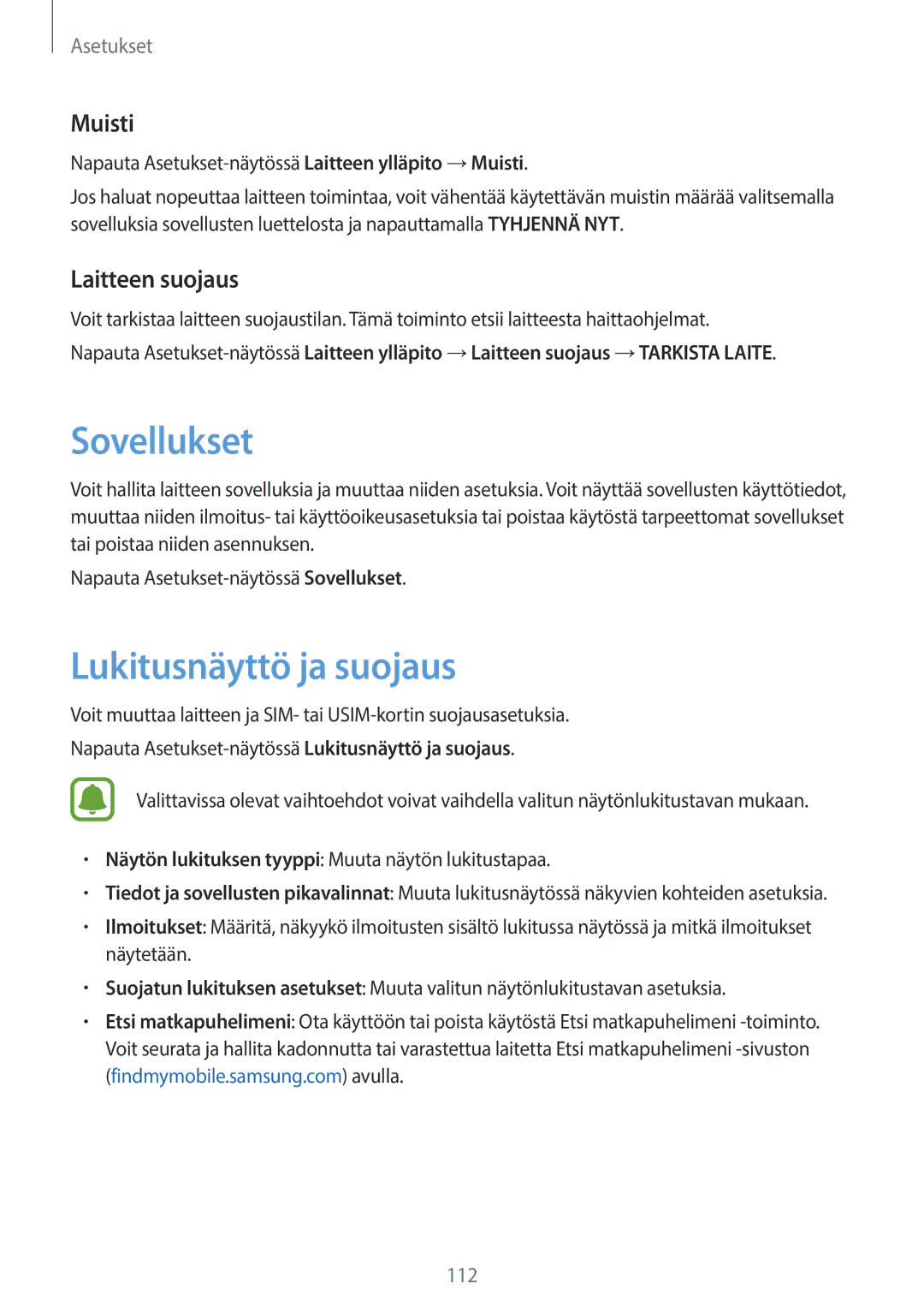 Samsung SM-G390FZKANEE manual Sovellukset, Lukitusnäyttö ja suojaus, Muisti, Laitteen suojaus 