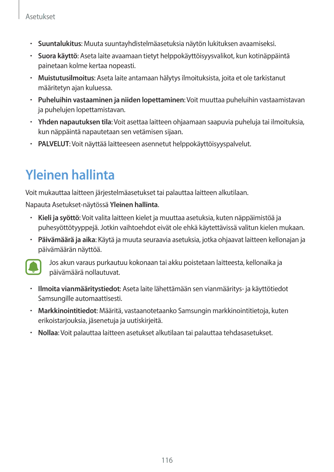 Samsung SM-G390FZKANEE manual Yleinen hallinta 