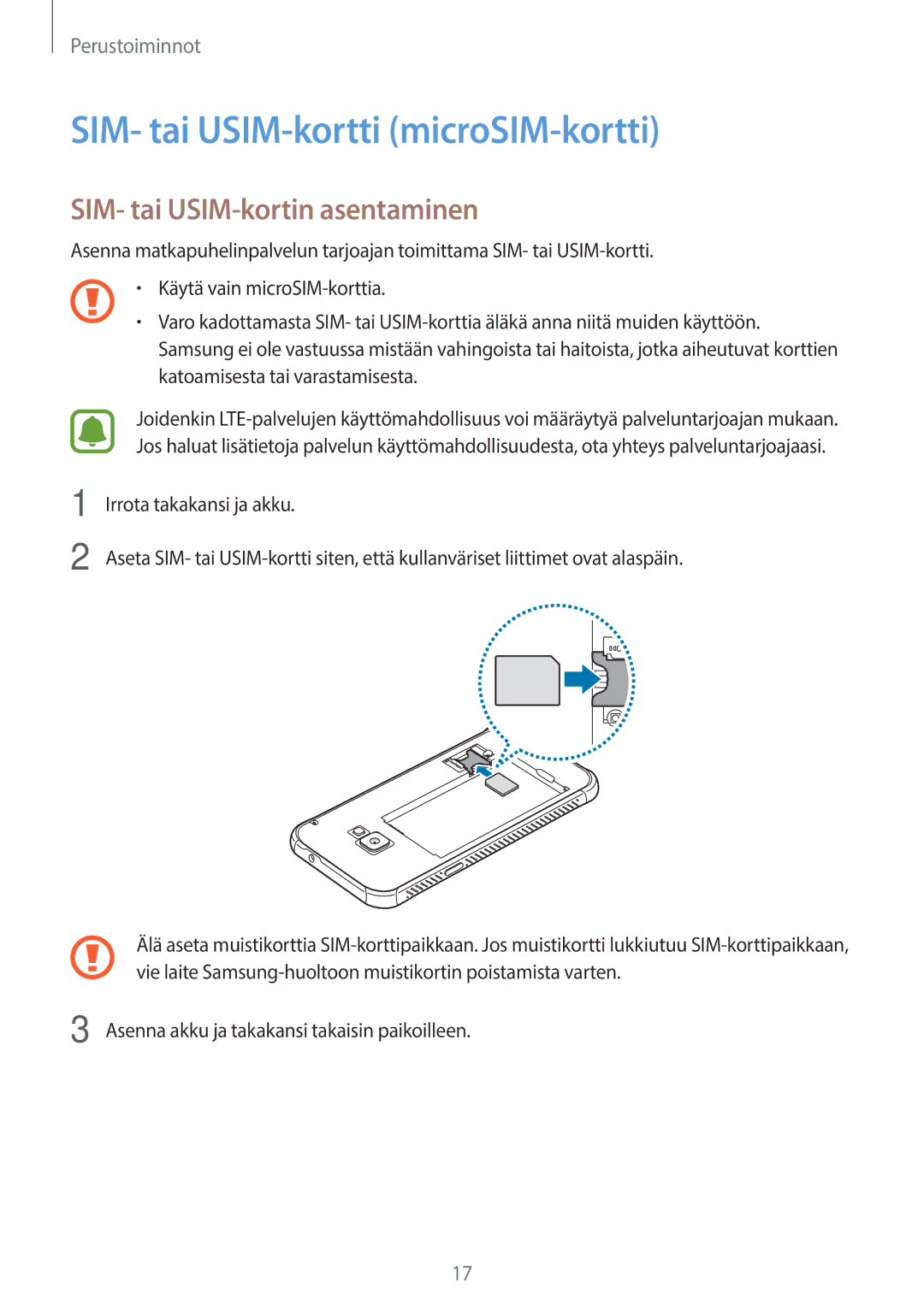 Samsung SM-G390FZKANEE manual SIM- tai USIM-kortti microSIM-kortti, SIM- tai USIM-kortin asentaminen 