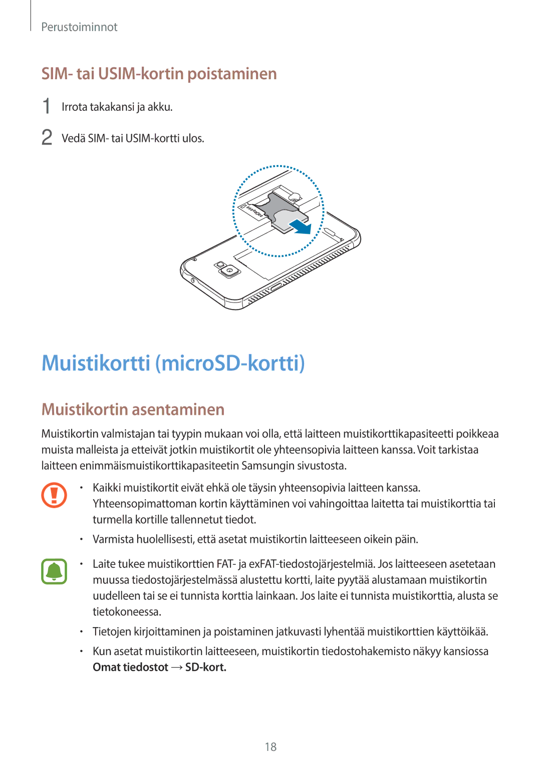 Samsung SM-G390FZKANEE manual Muistikortti microSD-kortti, SIM- tai USIM-kortin poistaminen, Muistikortin asentaminen 