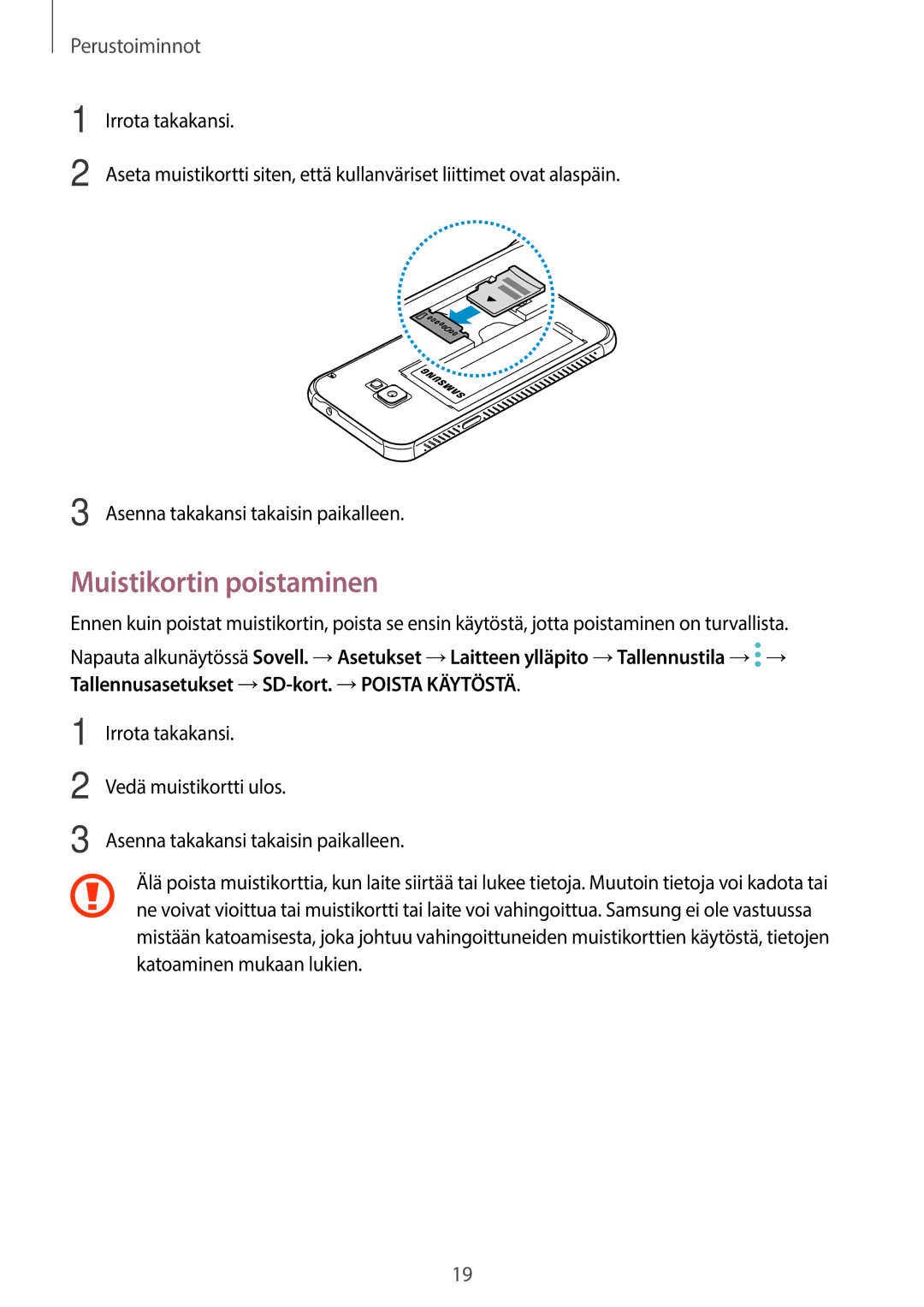 Samsung SM-G390FZKANEE manual Muistikortin poistaminen 