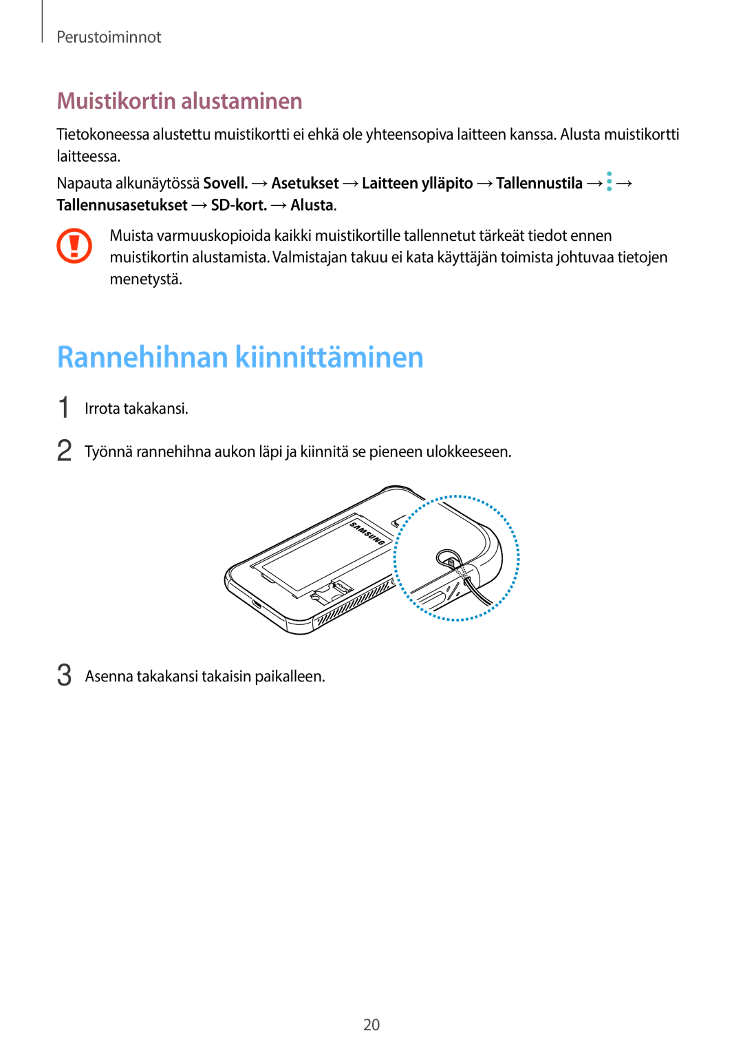 Samsung SM-G390FZKANEE manual Rannehihnan kiinnittäminen, Muistikortin alustaminen 