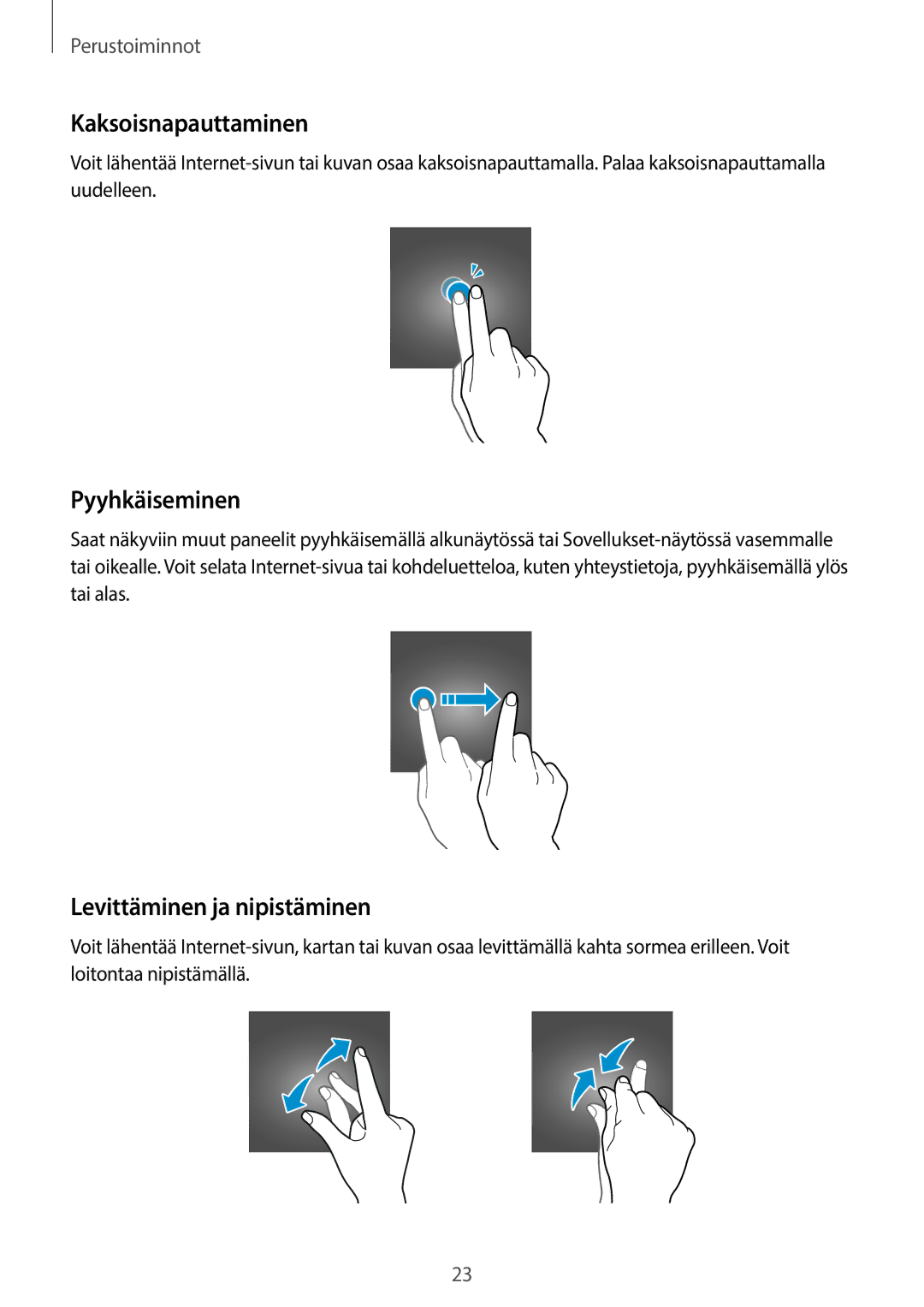 Samsung SM-G390FZKANEE manual Kaksoisnapauttaminen, Pyyhkäiseminen, Levittäminen ja nipistäminen 