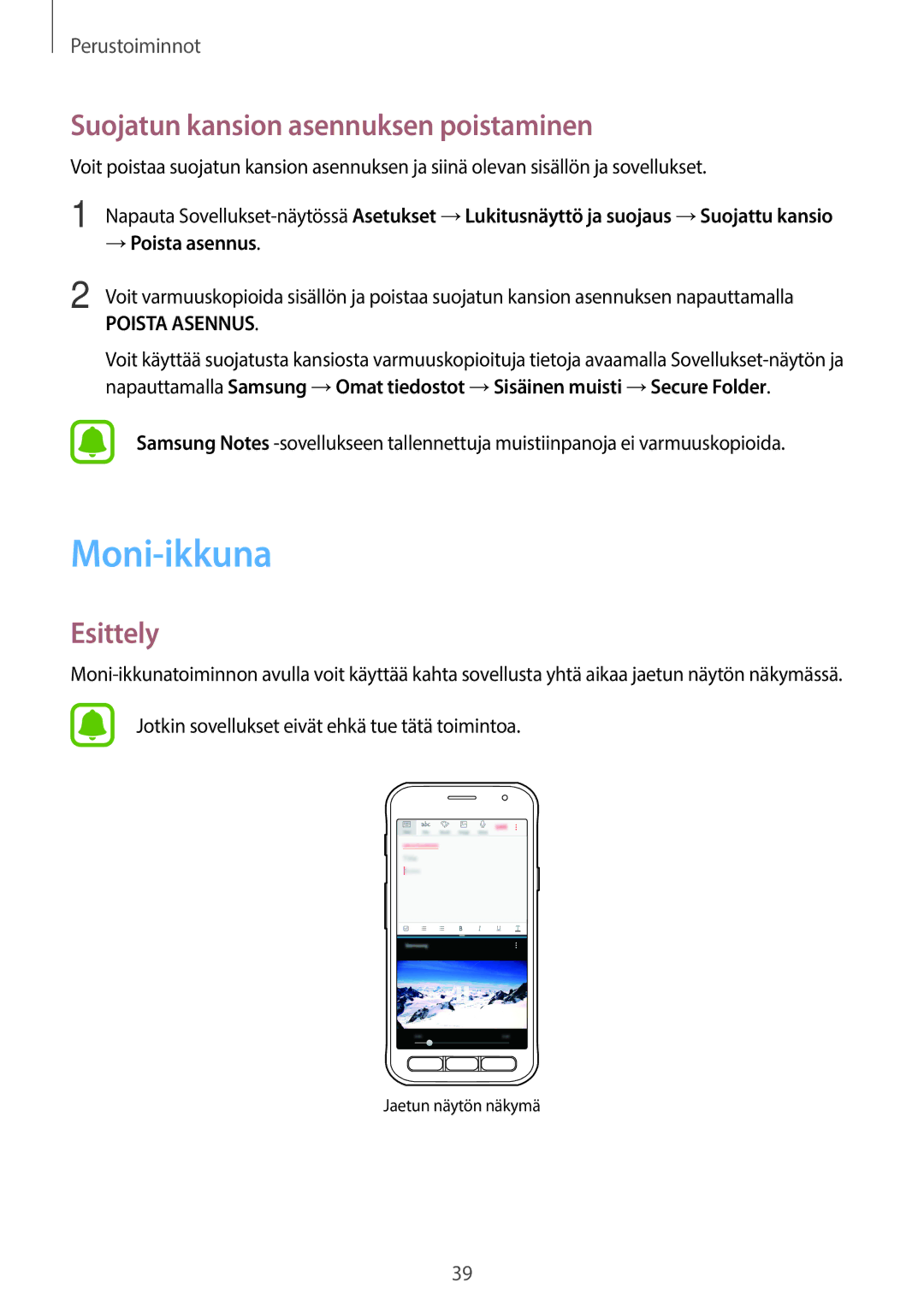 Samsung SM-G390FZKANEE manual Moni-ikkuna, Suojatun kansion asennuksen poistaminen, → Poista asennus 