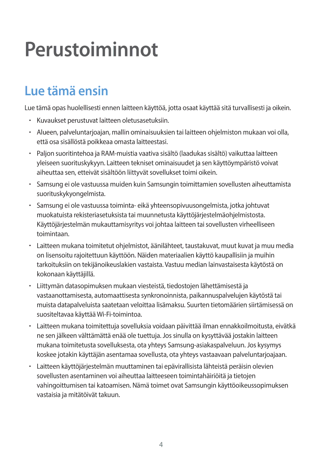 Samsung SM-G390FZKANEE manual Perustoiminnot, Lue tämä ensin 