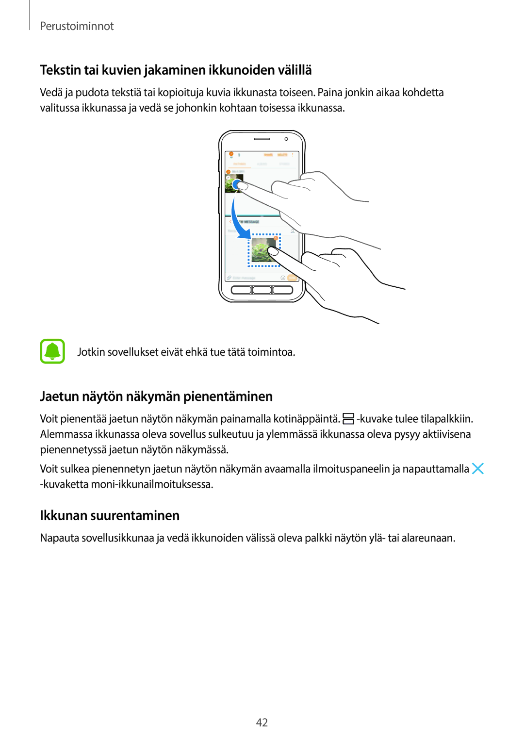 Samsung SM-G390FZKANEE manual Tekstin tai kuvien jakaminen ikkunoiden välillä, Jaetun näytön näkymän pienentäminen 