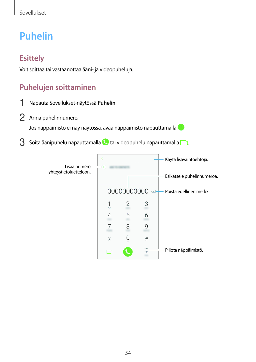 Samsung SM-G390FZKANEE manual Puhelin, Puhelujen soittaminen 