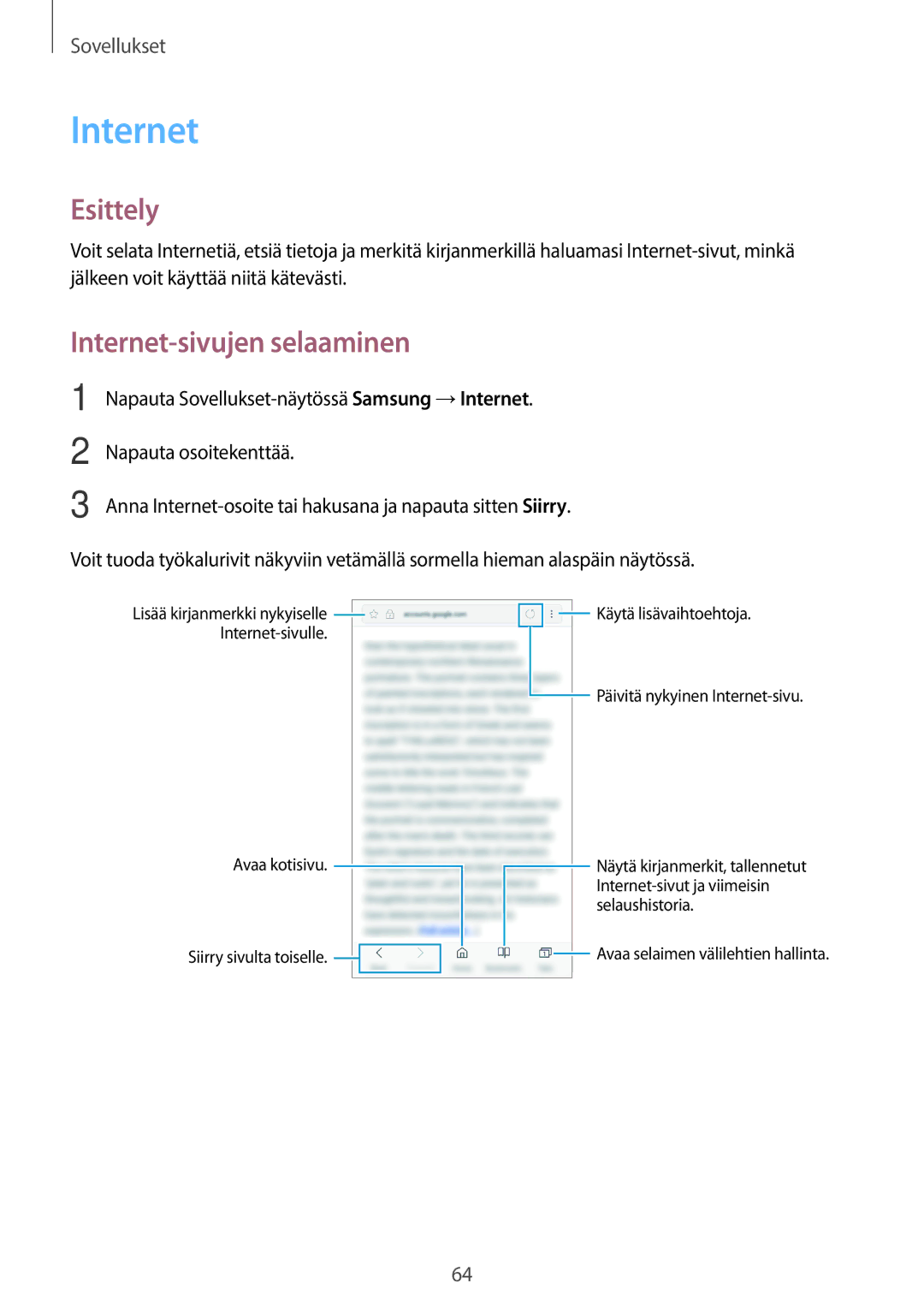 Samsung SM-G390FZKANEE manual Internet-sivujen selaaminen 