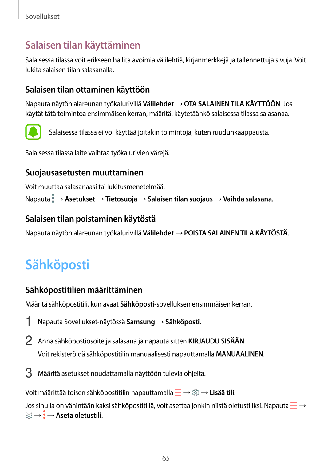 Samsung SM-G390FZKANEE manual Sähköposti, Salaisen tilan käyttäminen 